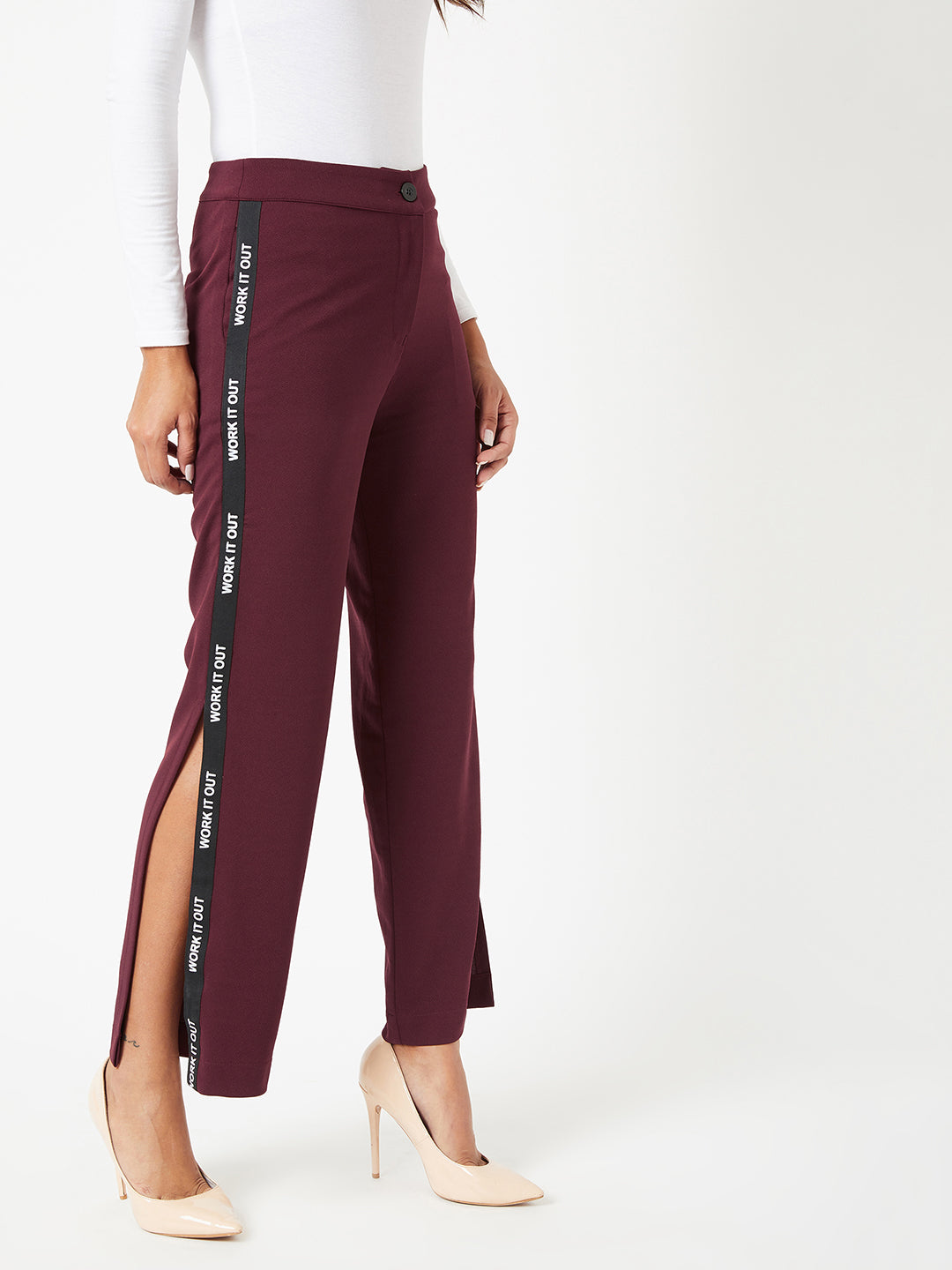 Crease Ease Women's Wine Red Solid Wide leg Regular Length Side Slitted Trouser