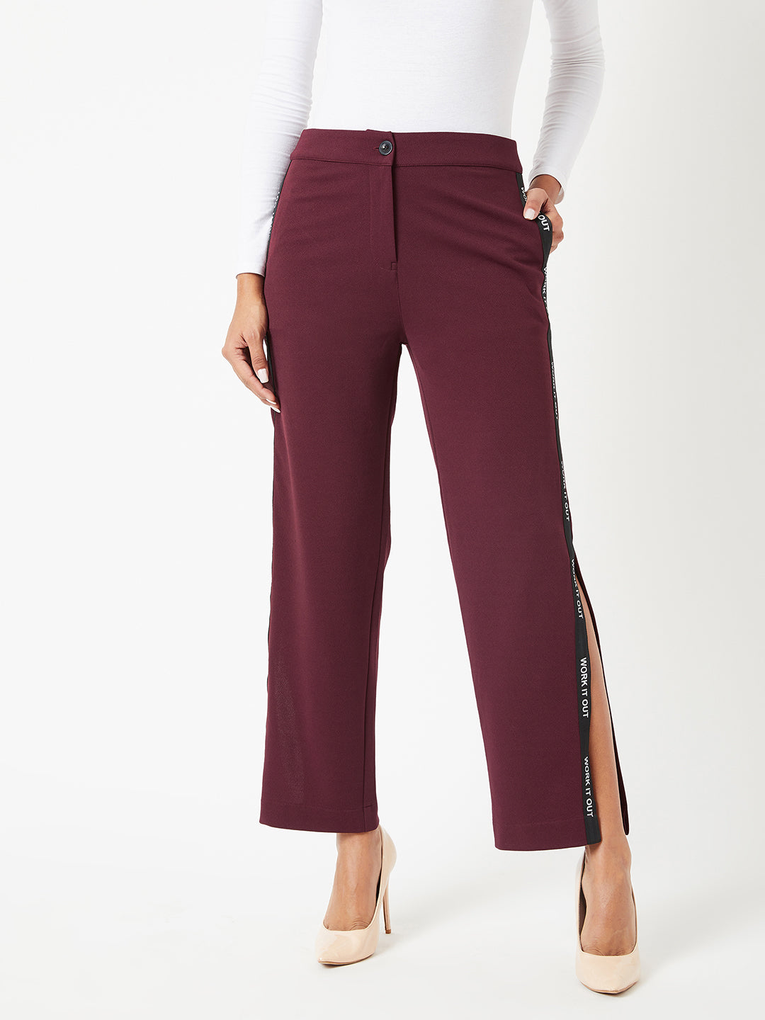 Crease Ease Women's Wine Red Solid Wide leg Regular Length Side Slitted Trouser