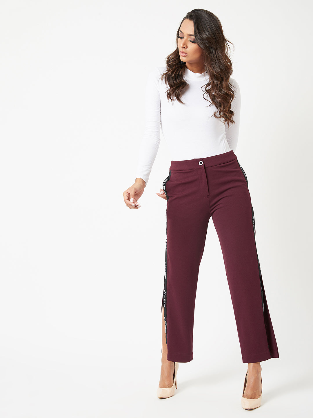 Crease Ease Women's Wine Red Solid Wide leg Regular Length Side Slitted Trouser