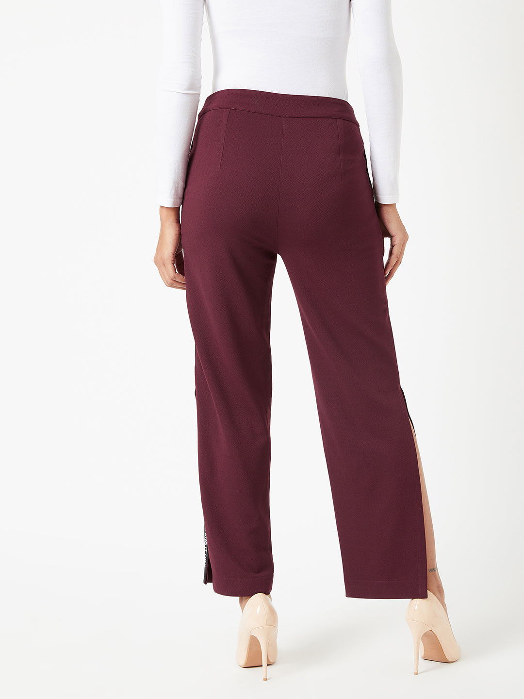 Crease Ease Women's Wine Red Solid Wide leg Regular Length Side Slitted Trouser