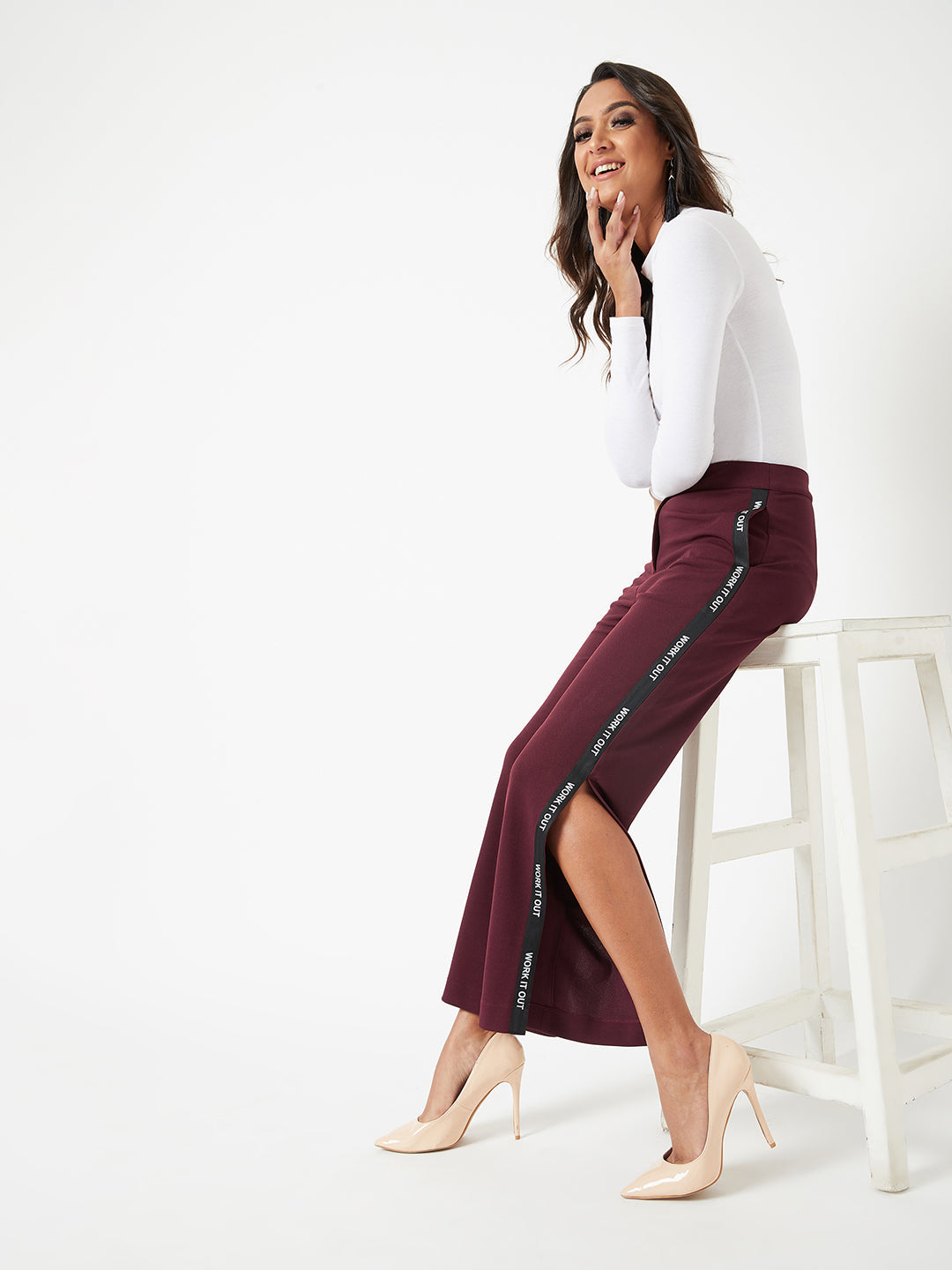 Crease Ease Women's Wine Red Solid Wide leg Regular Length Side Slitted Trouser