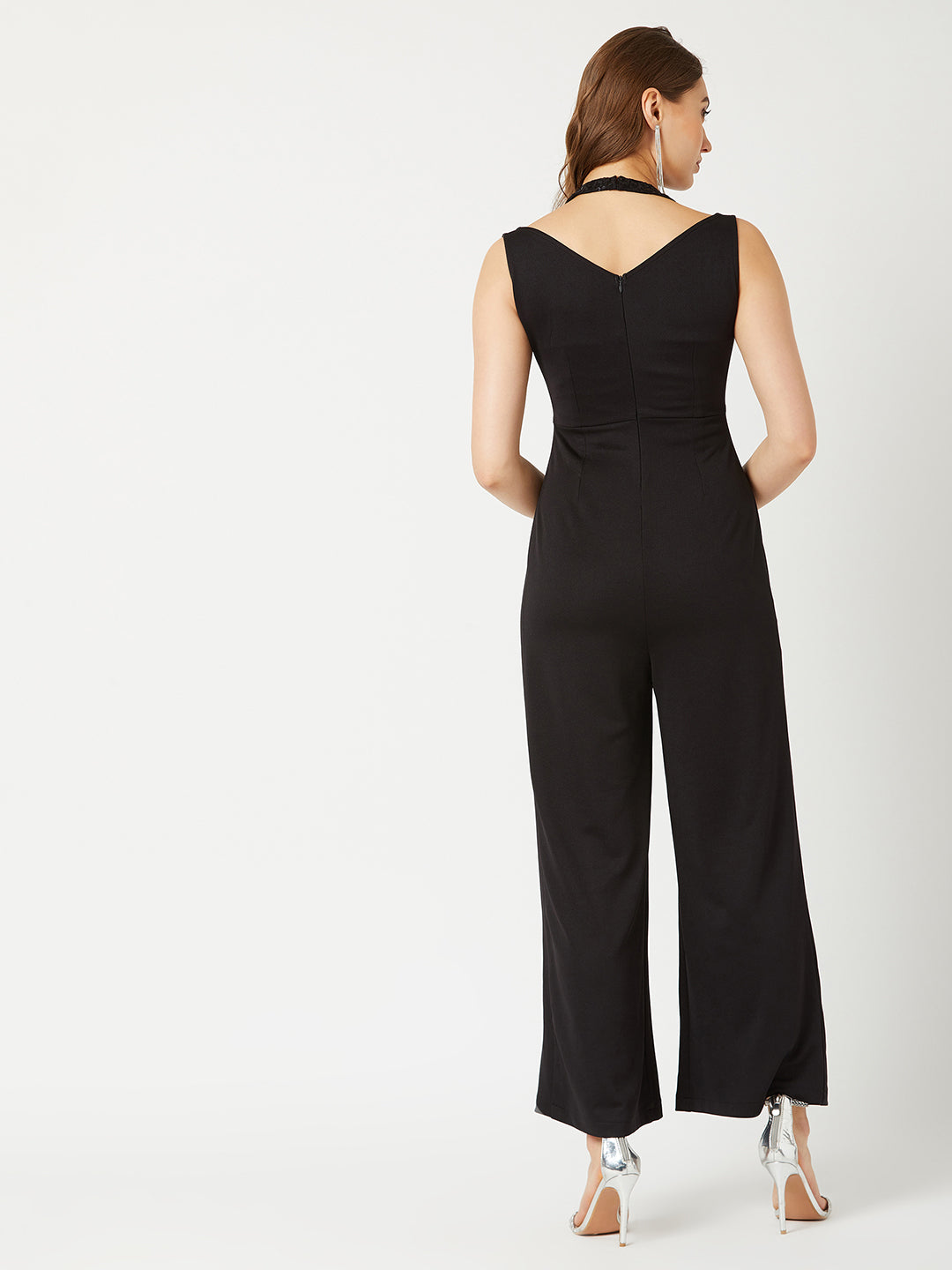 Women's Black Halter Neck Sleeveless Solid Pleated/Wide Leg Sequin Paneled Regular Length Jumpsuit