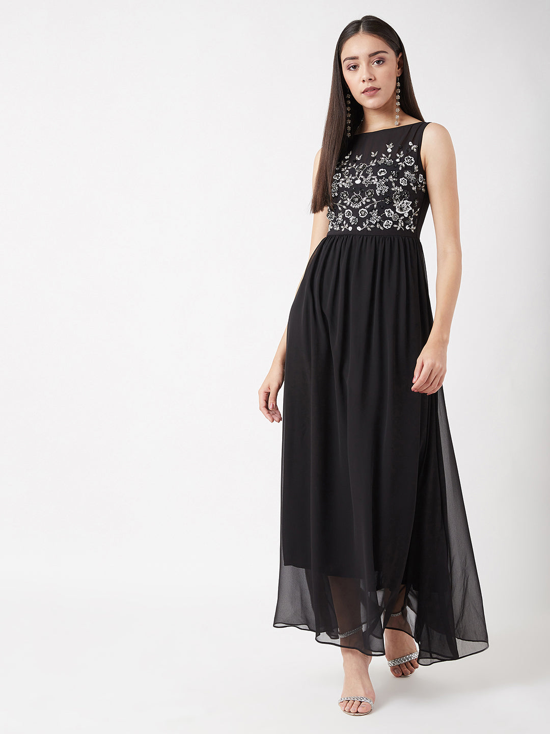 Women's Black Boat Neck Sleeveless Sequined Party Maxi Dress