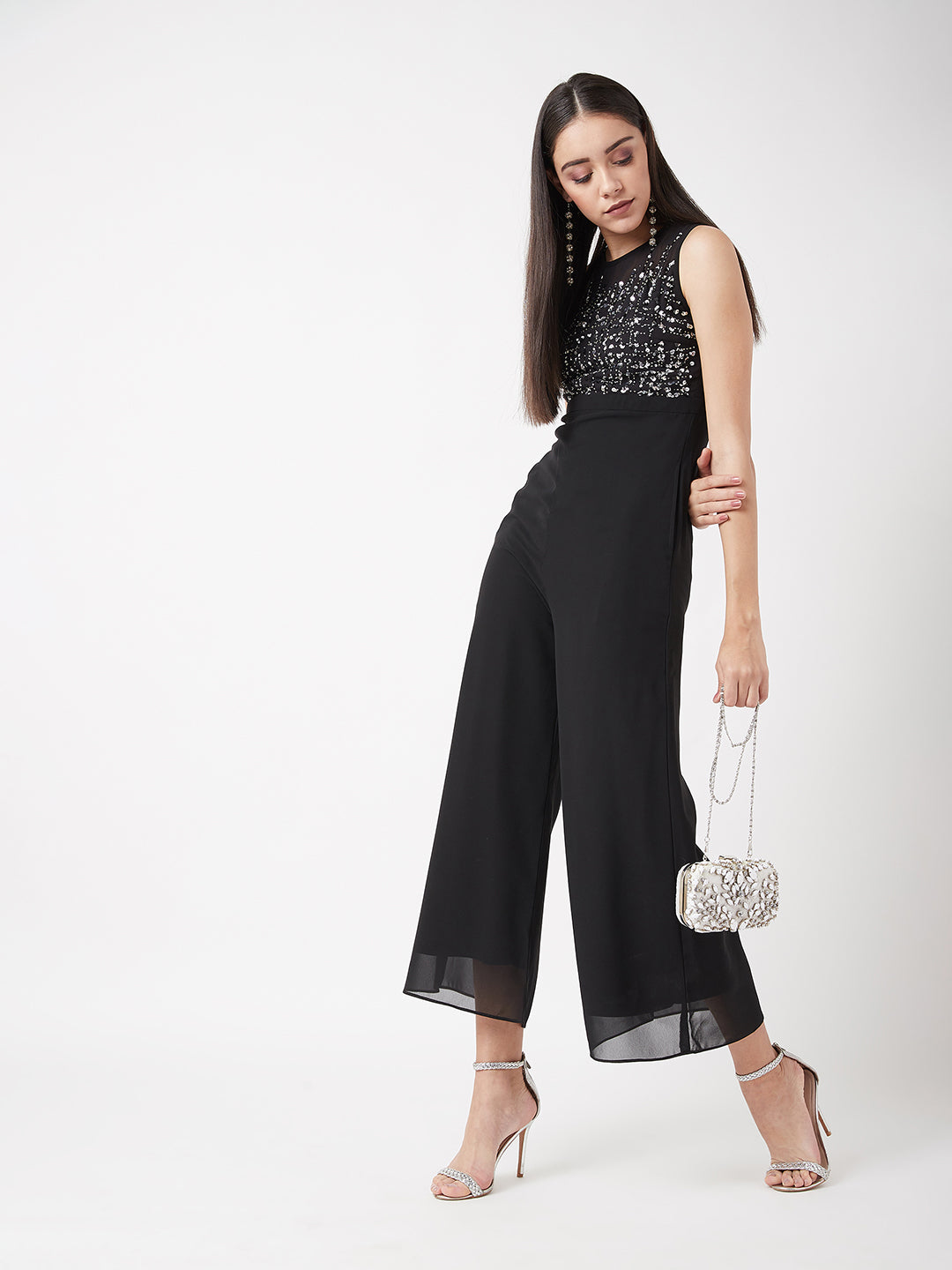 Women's Cocktail Black Boat Neck Sleeveless Solid Sequined Party Jumpsuit