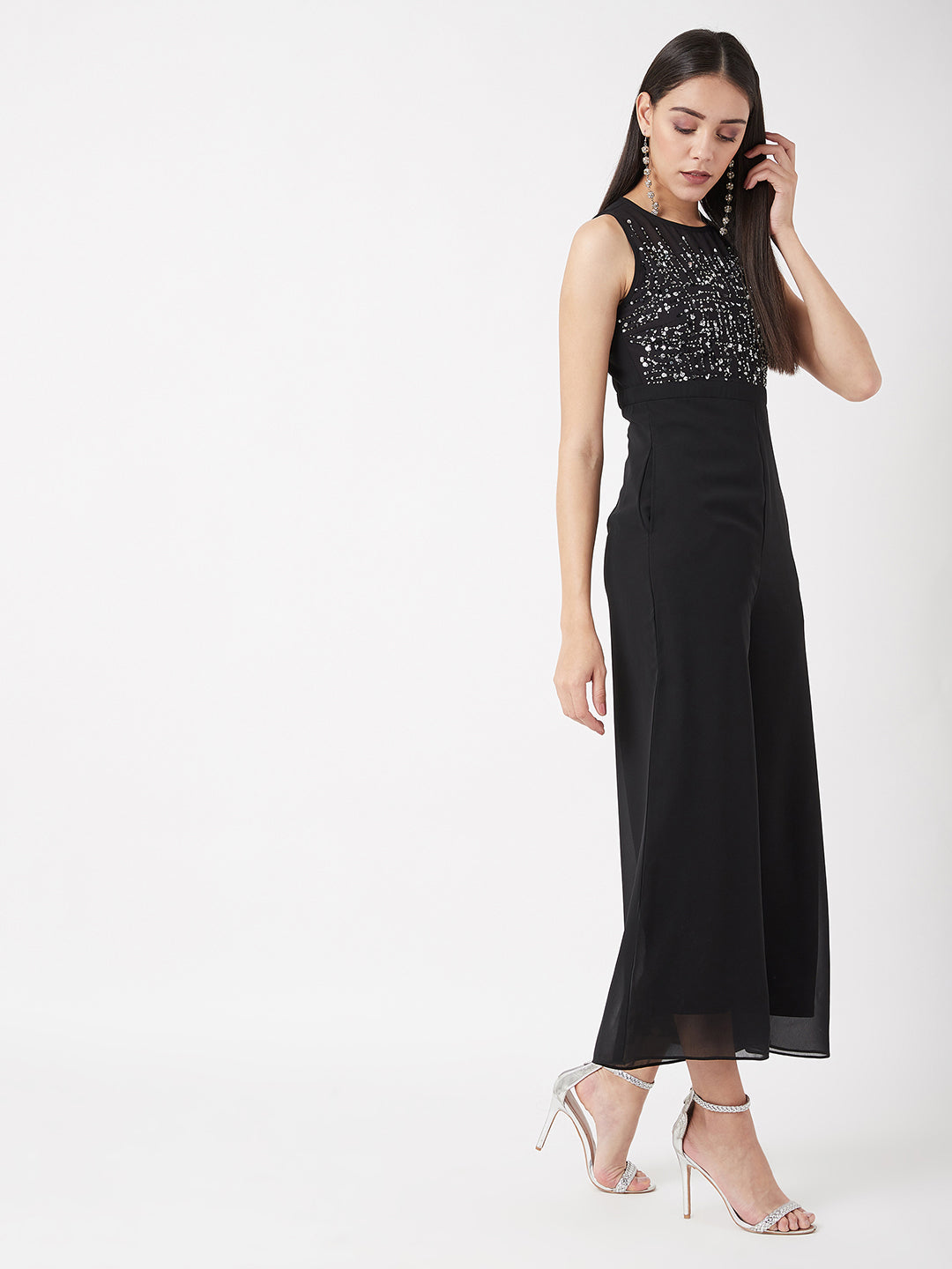 Women's Cocktail Black Boat Neck Sleeveless Solid Sequined Party Jumpsuit