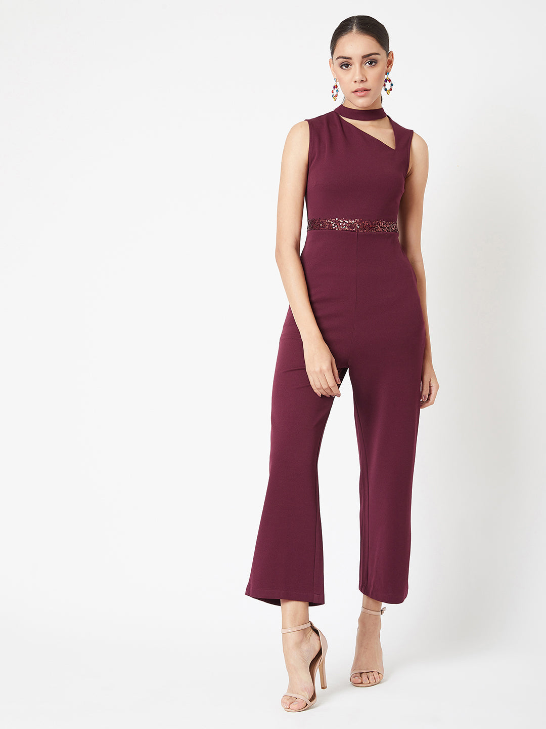 Crease Ease Women's Wine Collared Sleeveless Solid Asymmetric Neck Cut-Out Sequined Party Jumpsuit