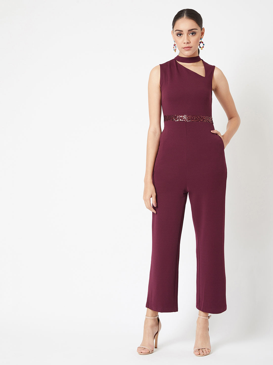 Crease Ease Women's Wine Collared Sleeveless Solid Asymmetric Neck Cut-Out Sequined Party Jumpsuit