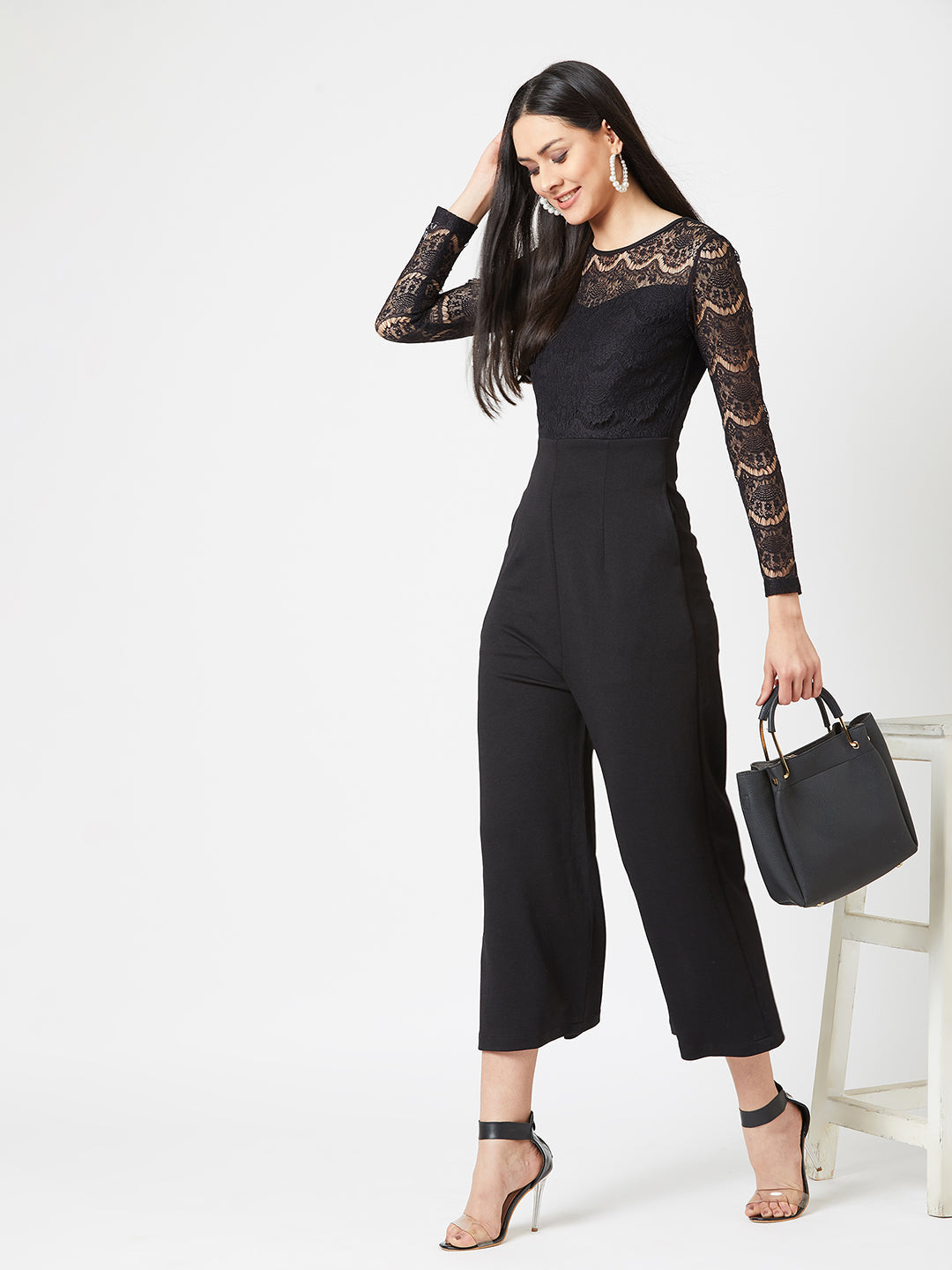 Crease Ease Women's Black Round Neck Full Sleeve Solid Straight Leg Regular Length Jumpsuit