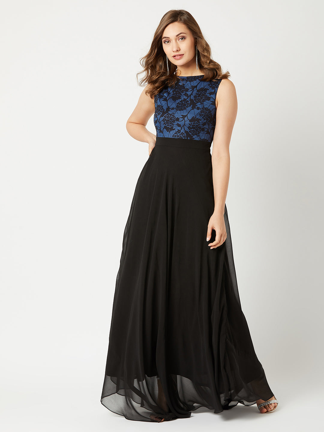 Women's Blue & Black Round Neck Sleeveless Georgette Floral Lace Fit & Flare Maxi Dress