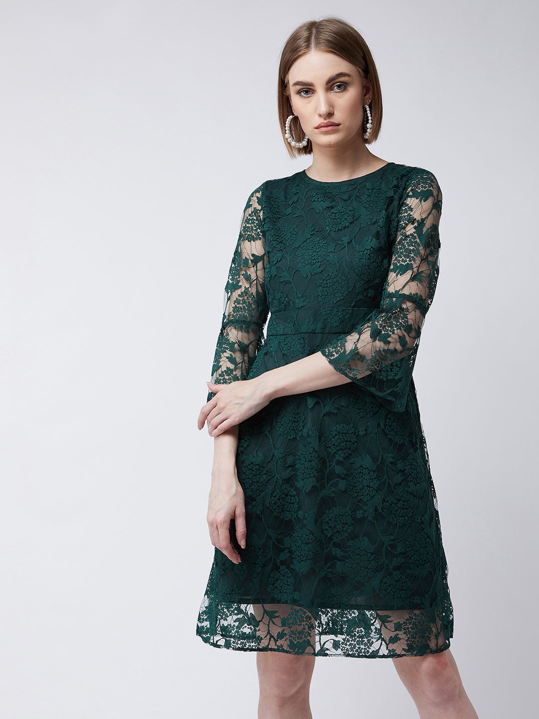 Women's Forest Green Round Neck 3/4 Sleeves Floral A-Line Knee-Length Dress