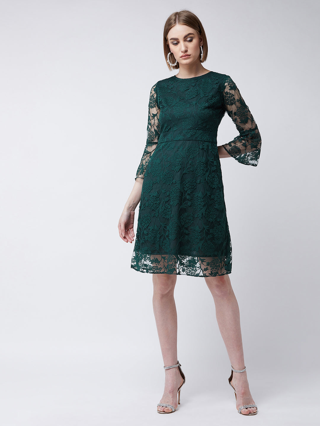 Women's Forest Green Round Neck 3/4 Sleeves Floral A-Line Knee-Length Dress