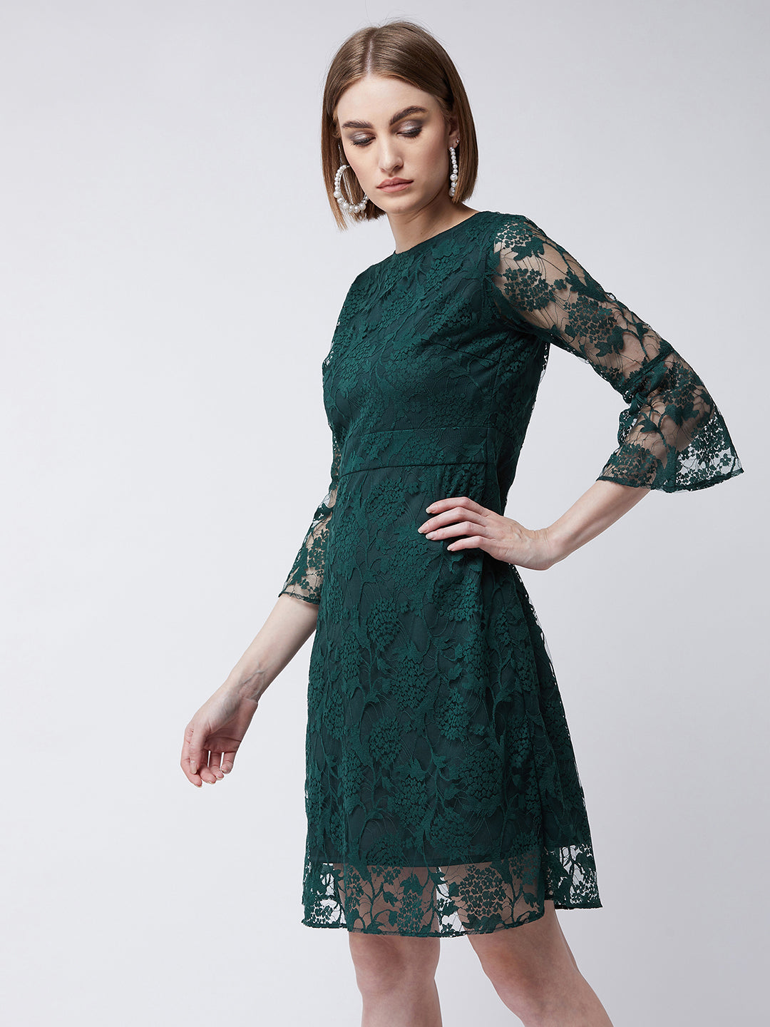 Women's Forest Green Round Neck 3/4 Sleeves Floral A-Line Knee-Length Dress