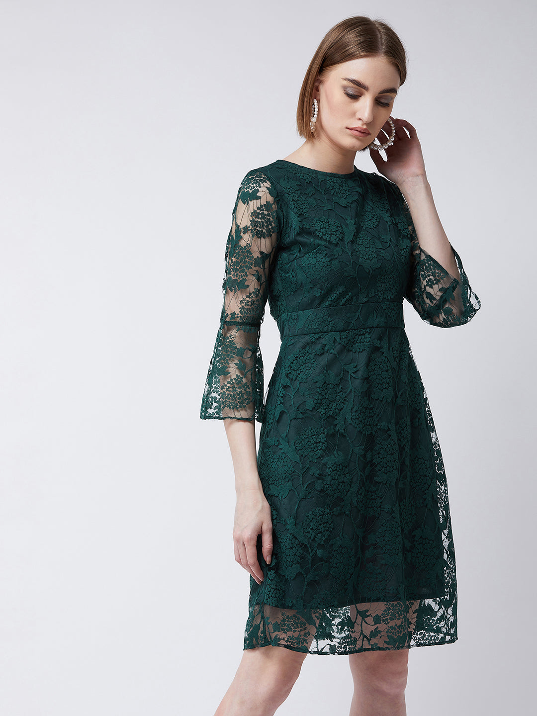 Women's Forest Green Round Neck 3/4 Sleeves Floral A-Line Knee-Length Dress