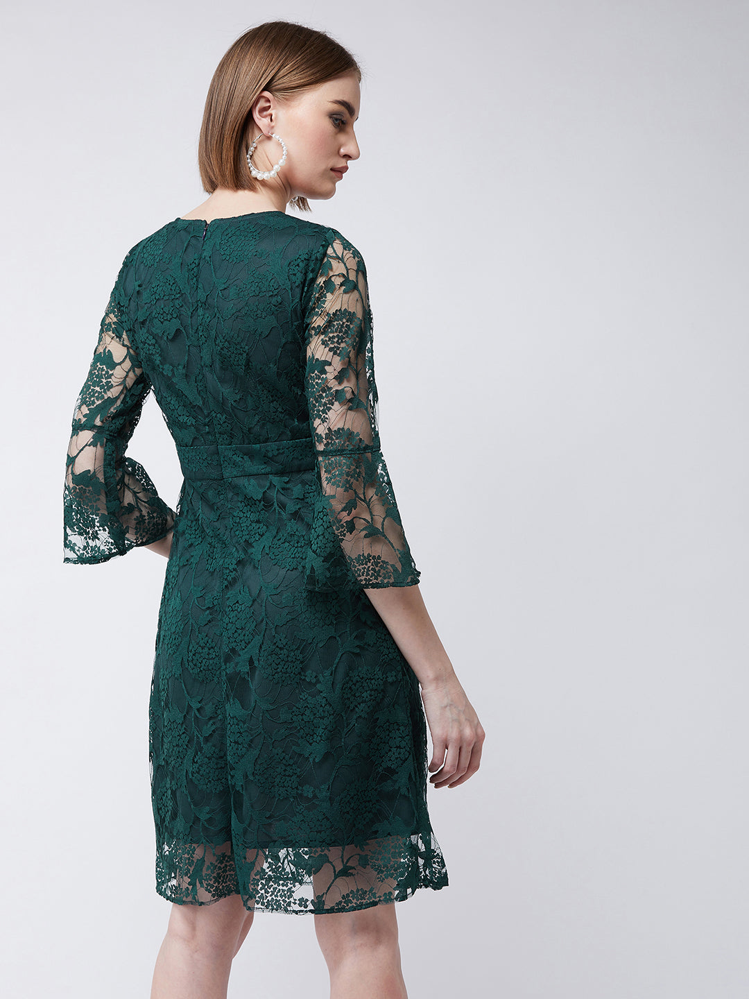 Women's Forest Green Round Neck 3/4 Sleeves Floral A-Line Knee-Length Dress