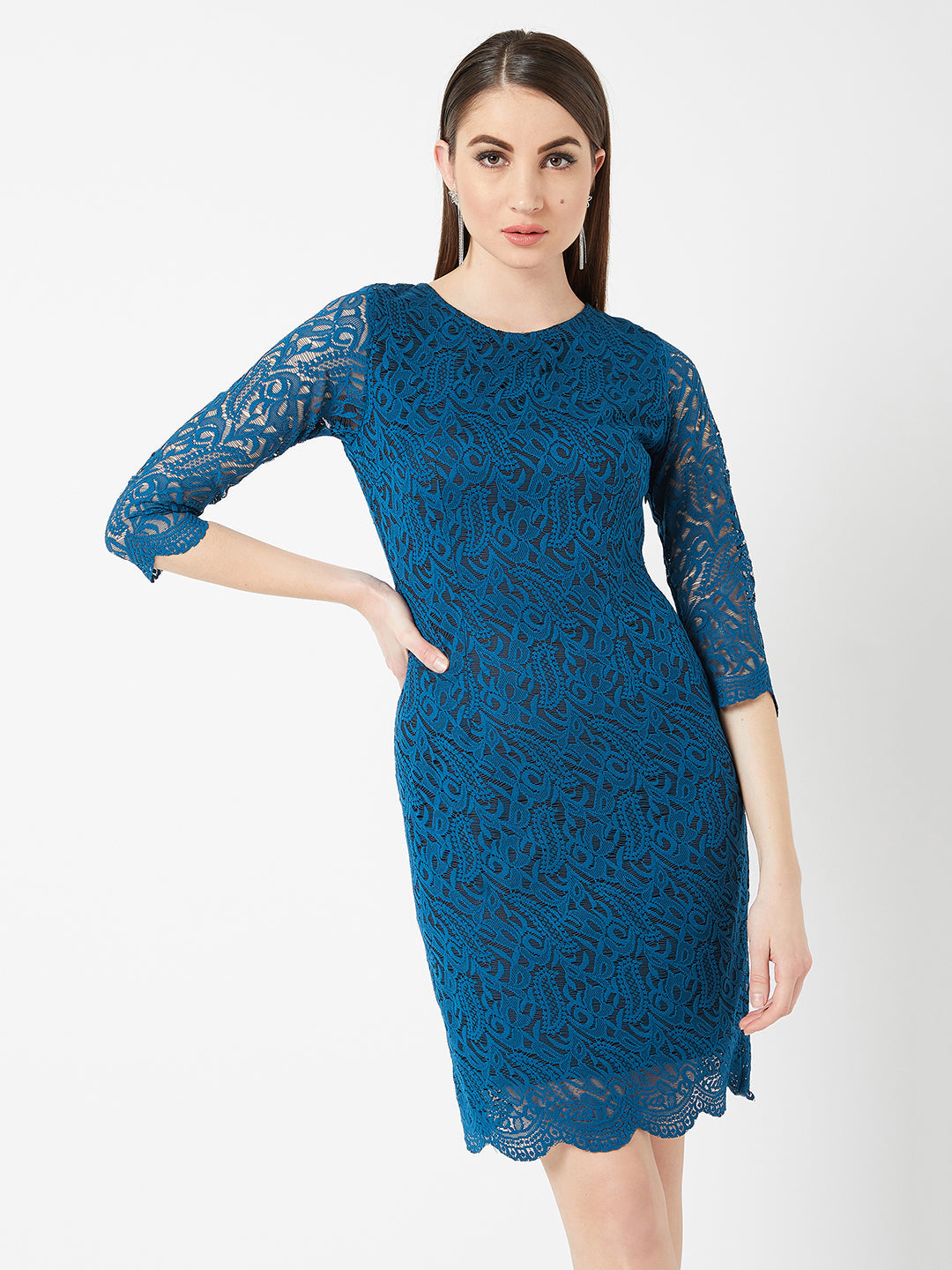 Women's Teal Round Neck 3/4 Sleeves Floral Lace Overlaid Knee-Long Bodycon Dress