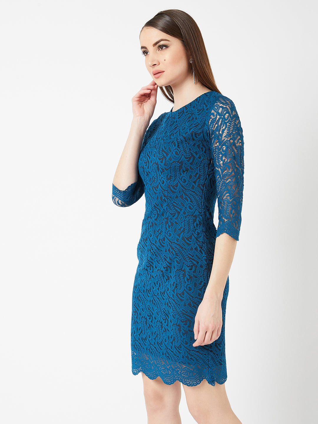 Women's Teal Round Neck 3/4 Sleeves Floral Lace Overlaid Knee-Long Bodycon Dress