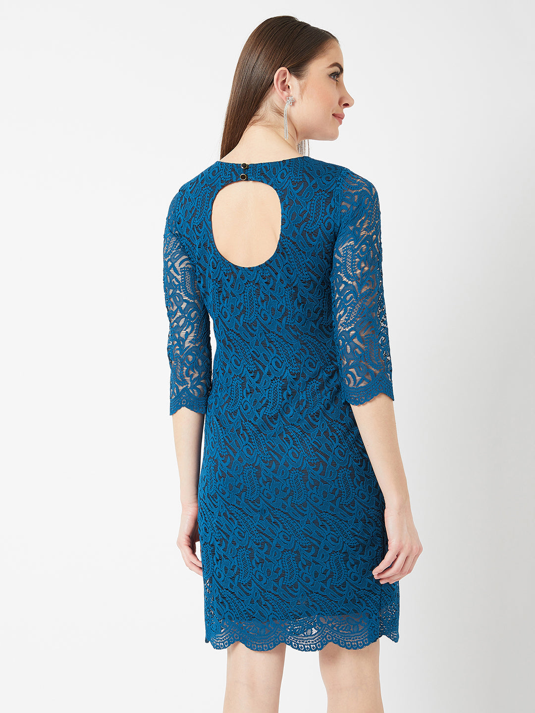 Women's Teal Round Neck 3/4 Sleeves Floral Lace Overlaid Knee-Long Bodycon Dress