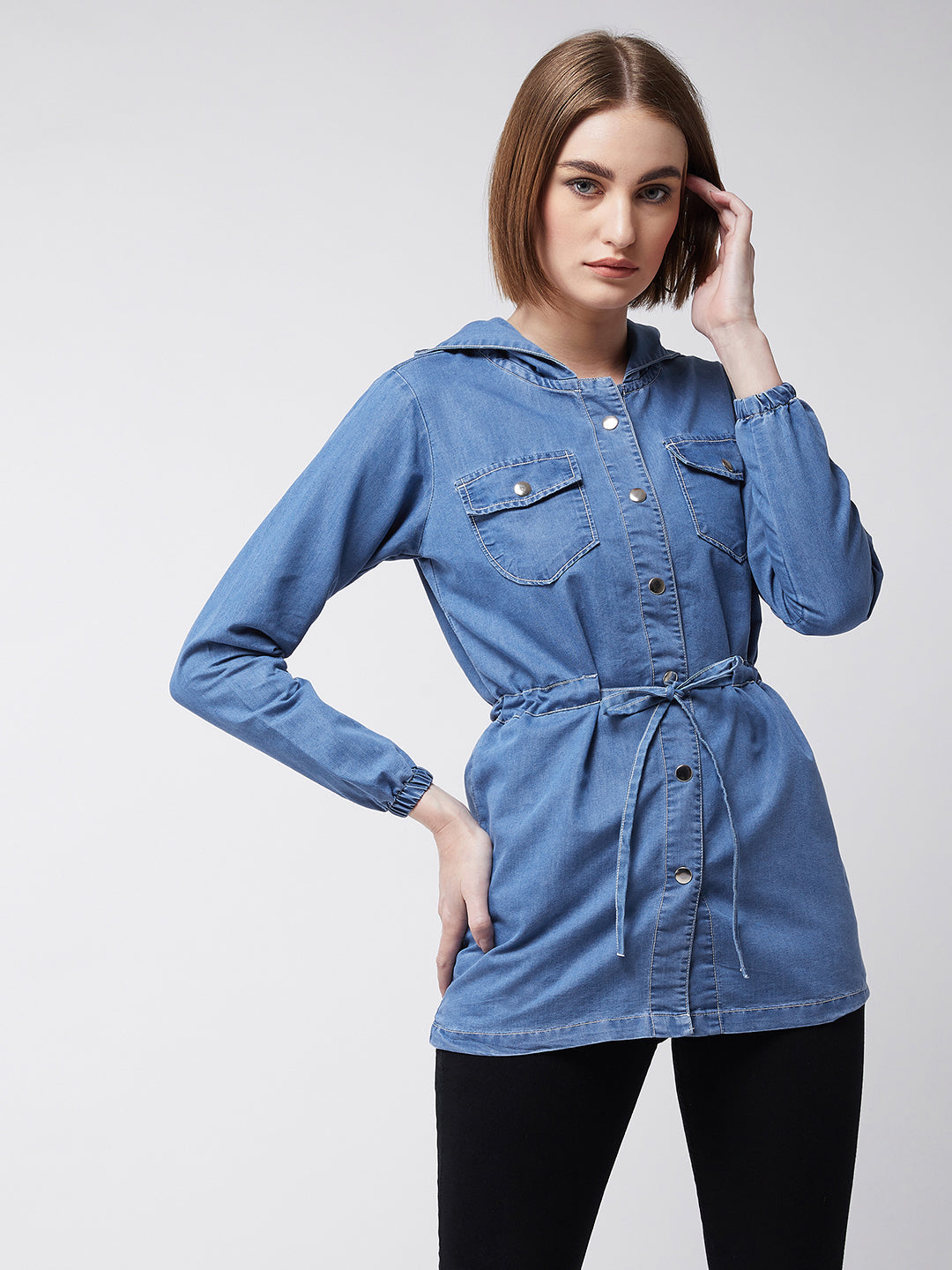 Women's Light Blue Round Neck Full Sleeve Solid hoody with tie-up Long Denim Jacket