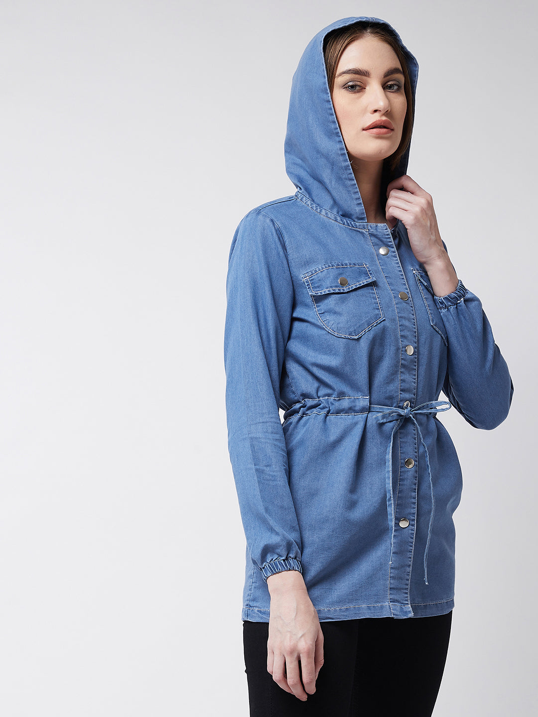 Women's Light Blue Round Neck Full Sleeve Solid hoody with tie-up Long Denim Jacket