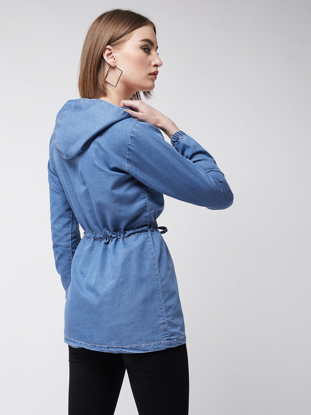 Women's Light Blue Round Neck Full Sleeve Solid hoody with tie-up Long Denim Jacket