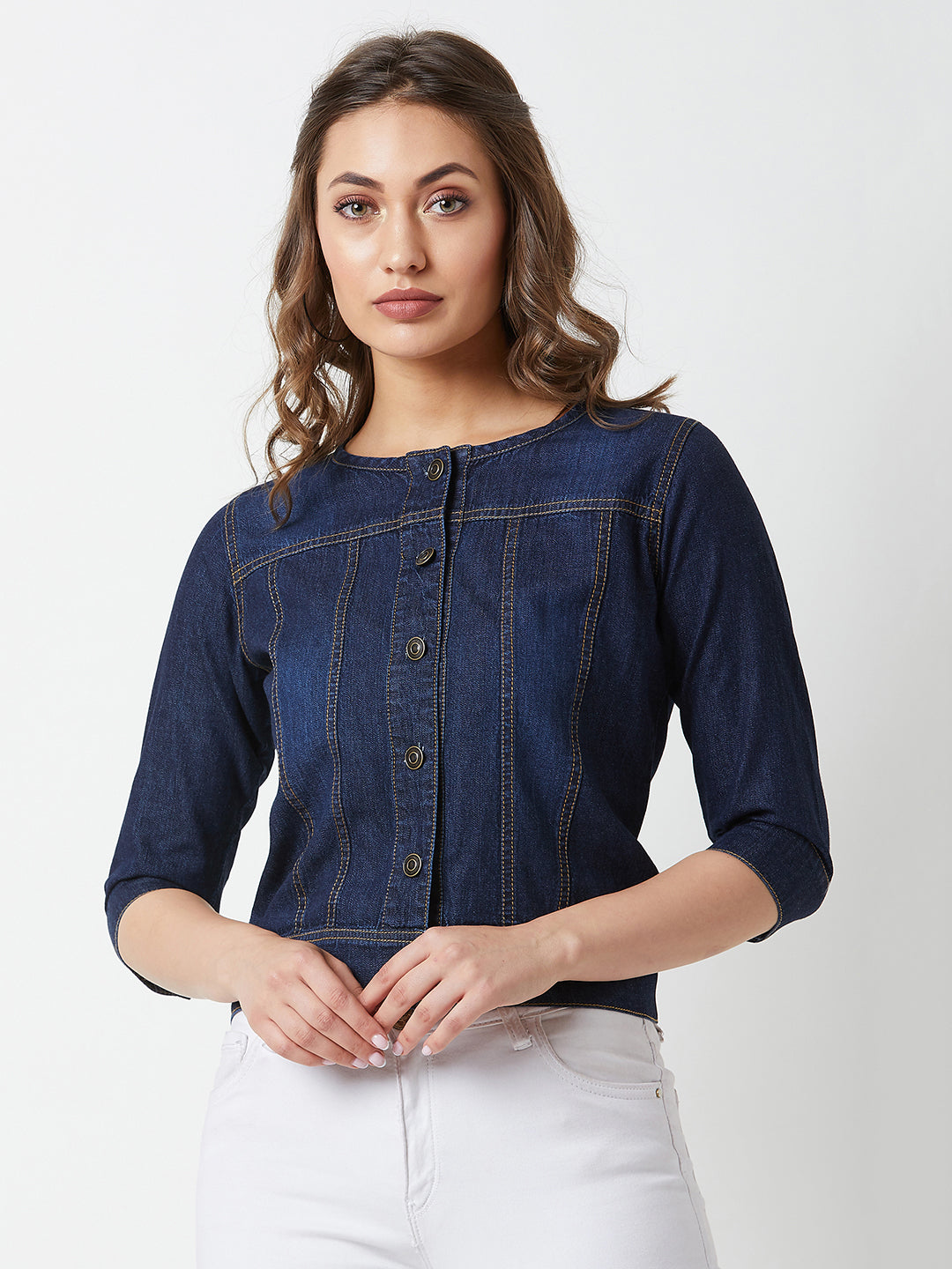 Women's Navy Round Neck 3/4 Sleeves Denim Solid Cropped Jacket