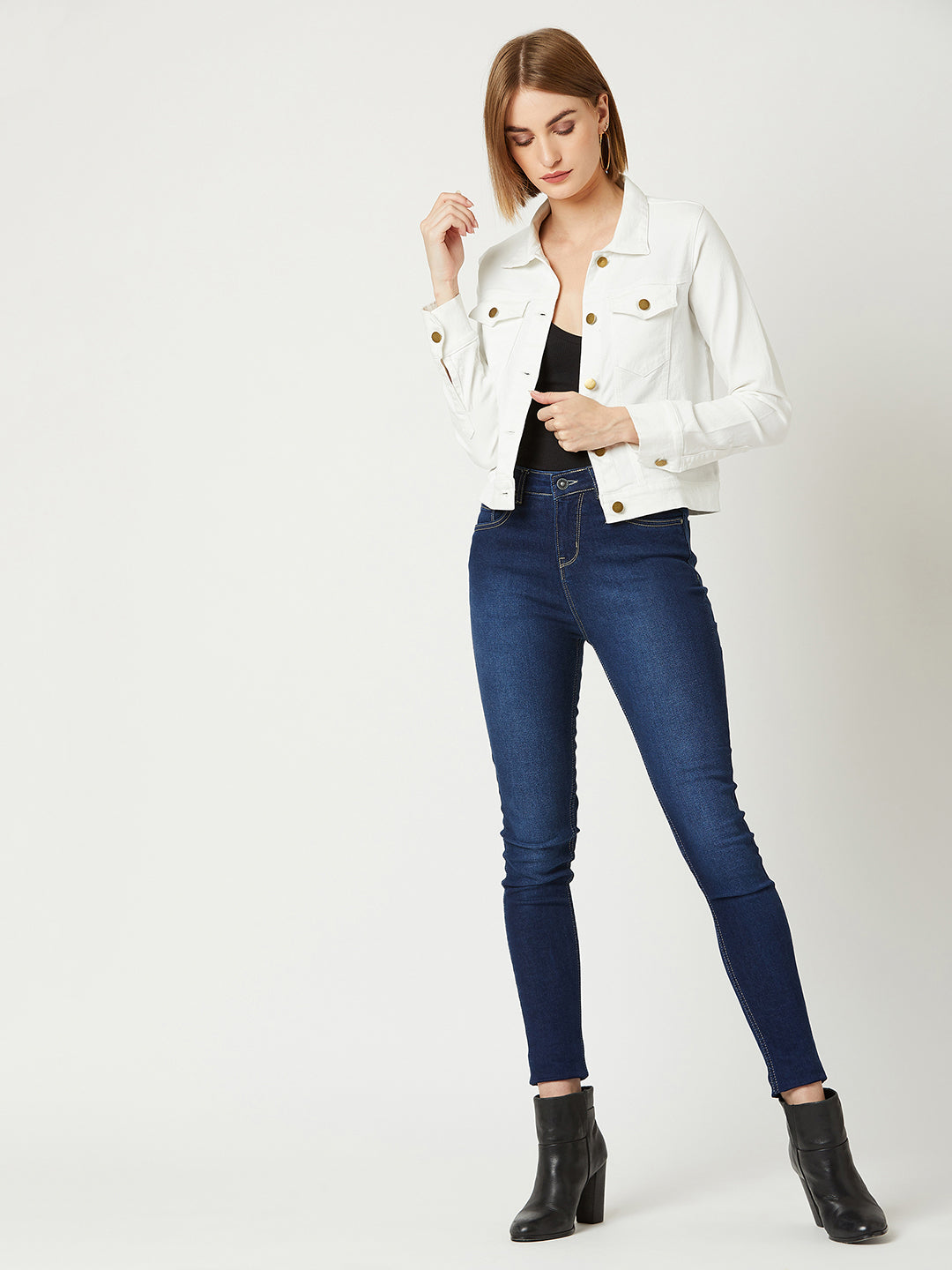 Women's White Polo Neck Full Sleeves Denim Solid Cropped Jacket