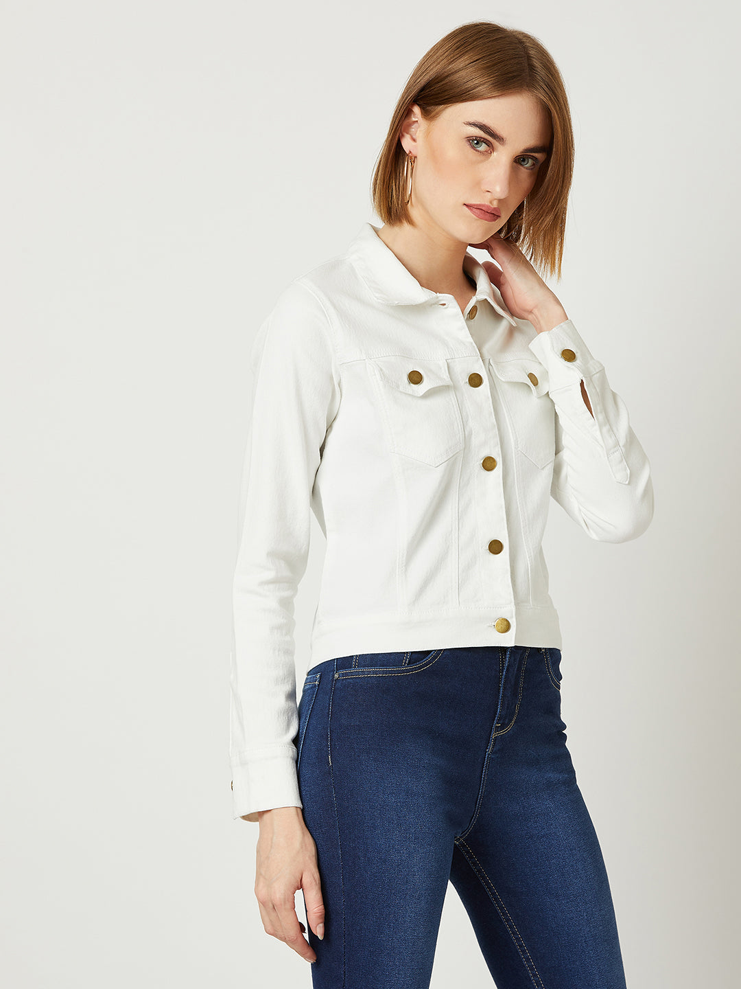 Women's White Polo Neck Full Sleeves Denim Solid Cropped Jacket