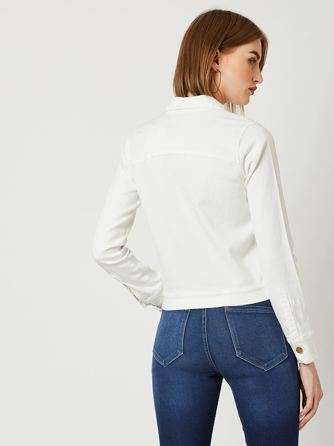 Women's White Polo Neck Full Sleeves Denim Solid Cropped Jacket