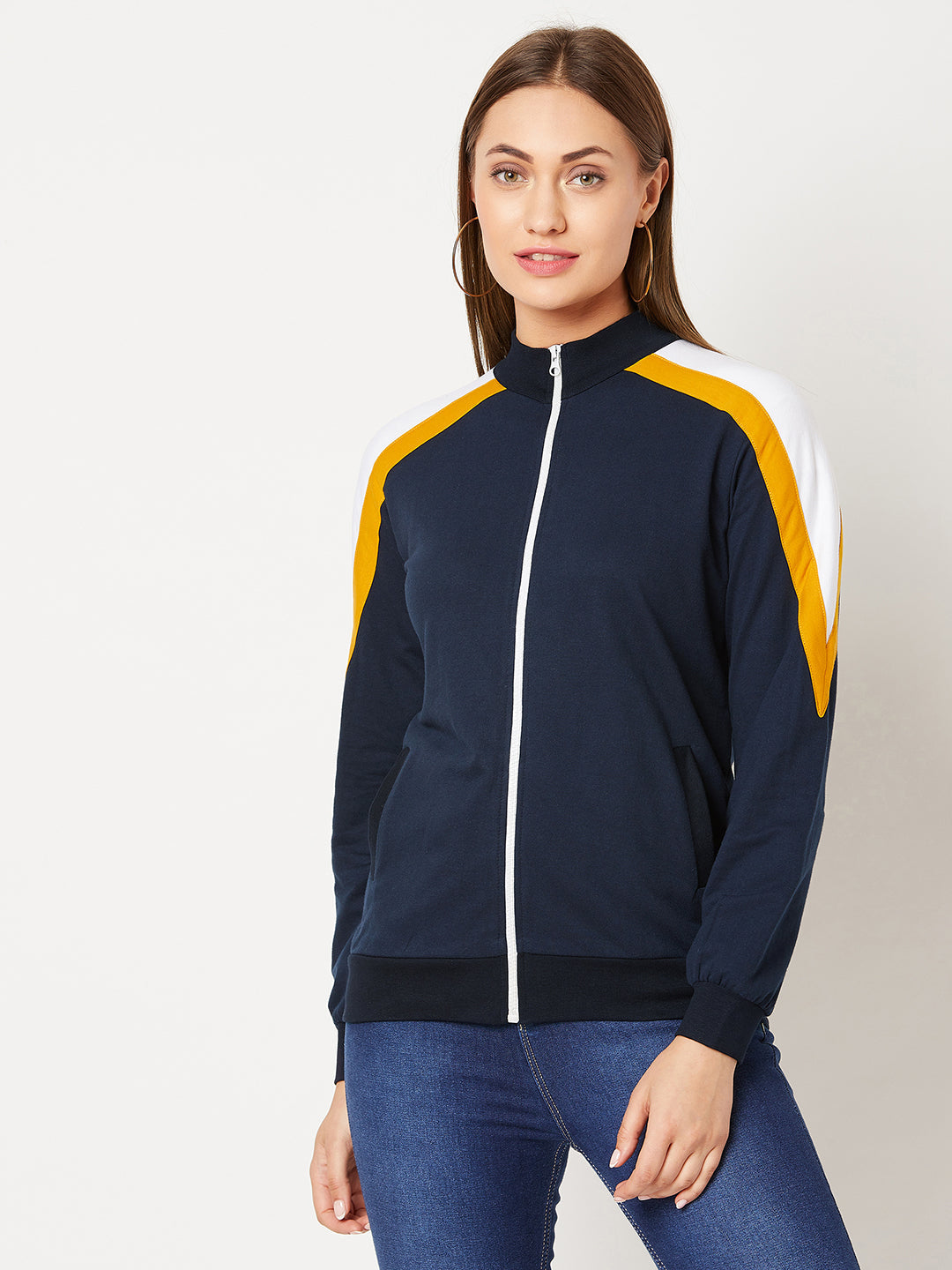 Women's Multicolored-Base-Navy Blue Turtle-neck Full sleeves Solid Color-Block Regular length Jacket