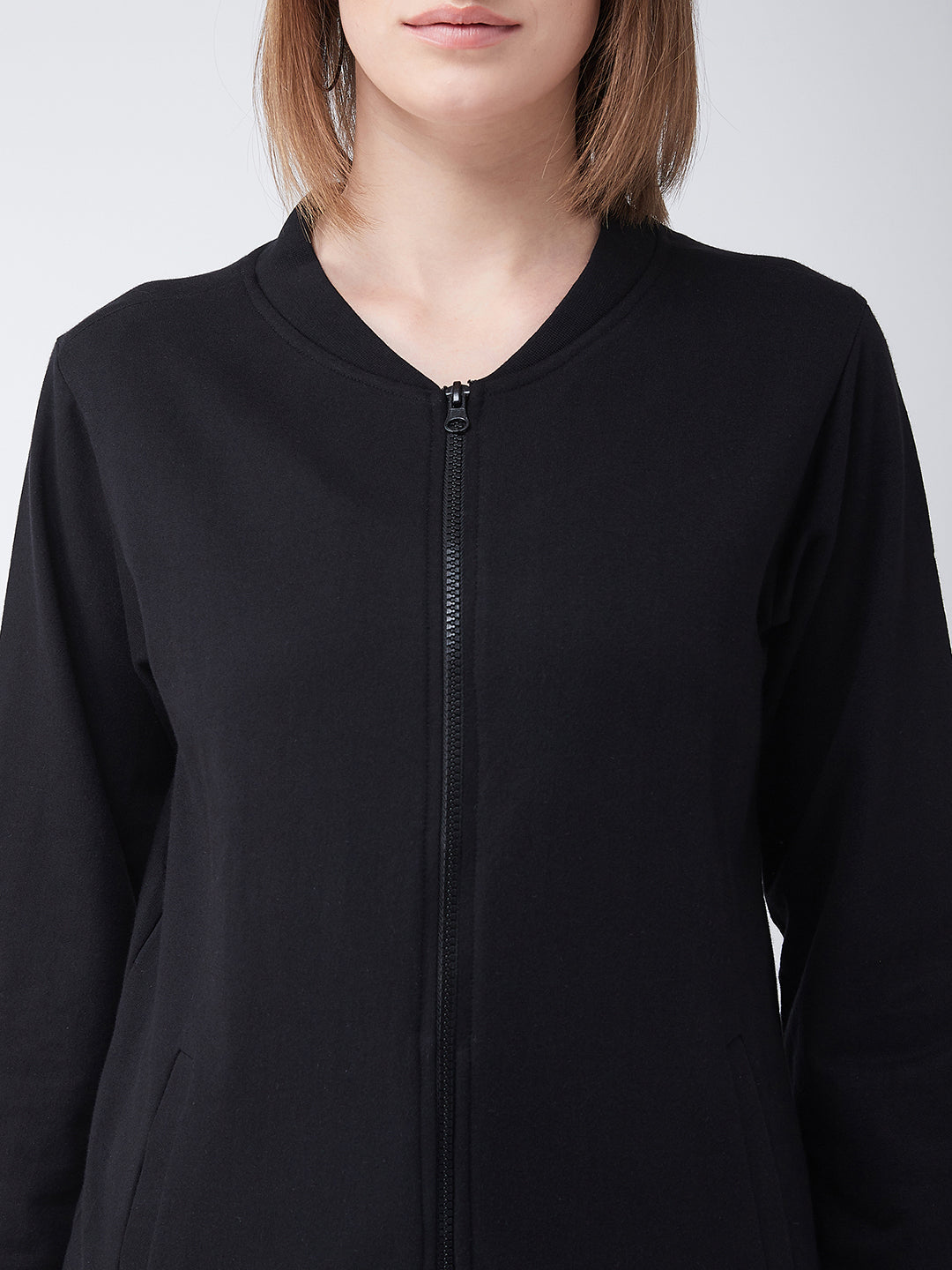 Women's Black Collared Full sleeves Solid Bomber Ribbed Jacket