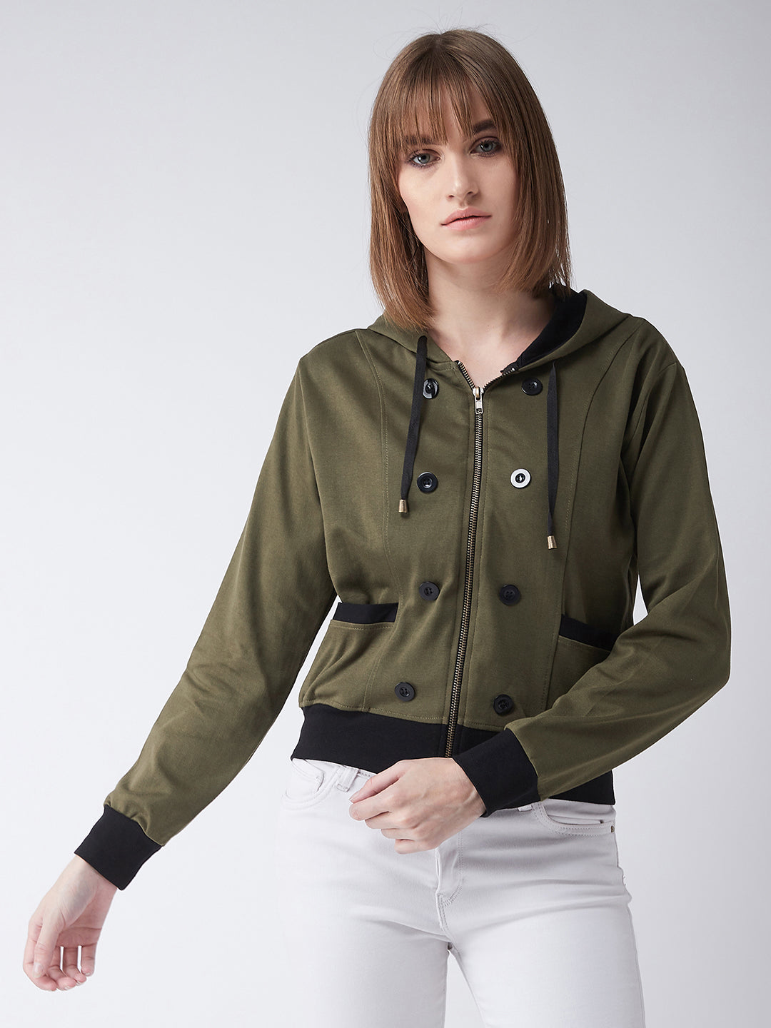 Women's Olive Green Hooded Full Sleeves Solid Drawstring and Eyelet Detailing Regular Length Jacket