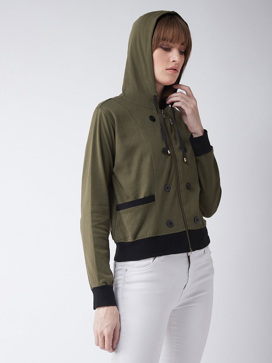 Women's Olive Green Hooded Full Sleeves Solid Drawstring and Eyelet Detailing Regular Length Jacket