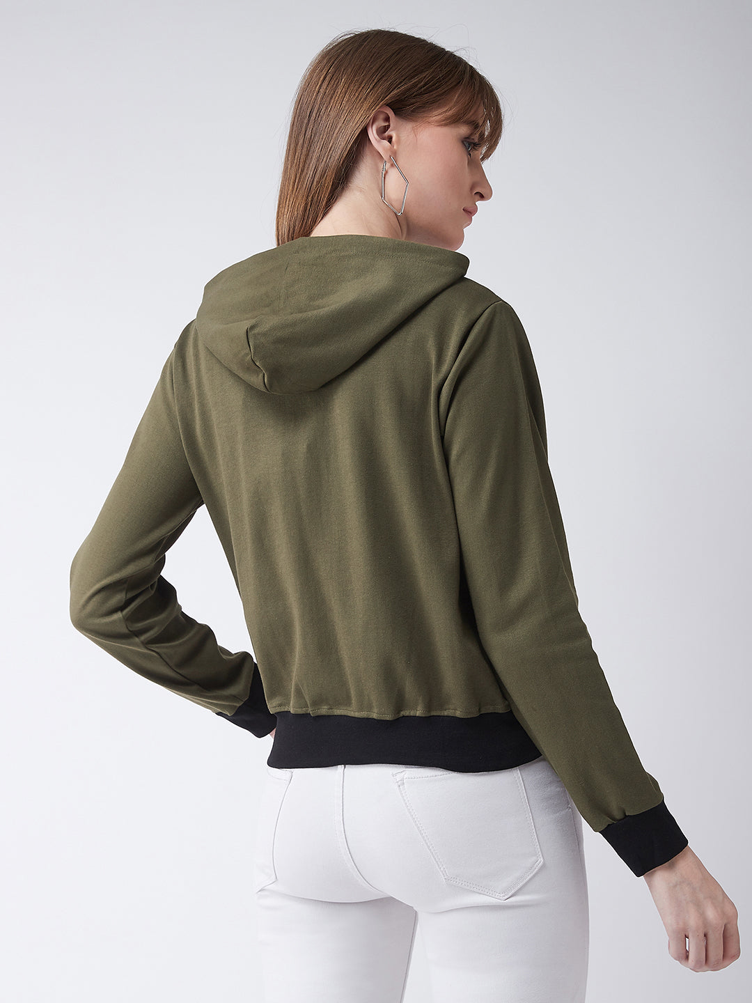 Women's Olive Green Hooded Full Sleeves Solid Drawstring and Eyelet Detailing Regular Length Jacket