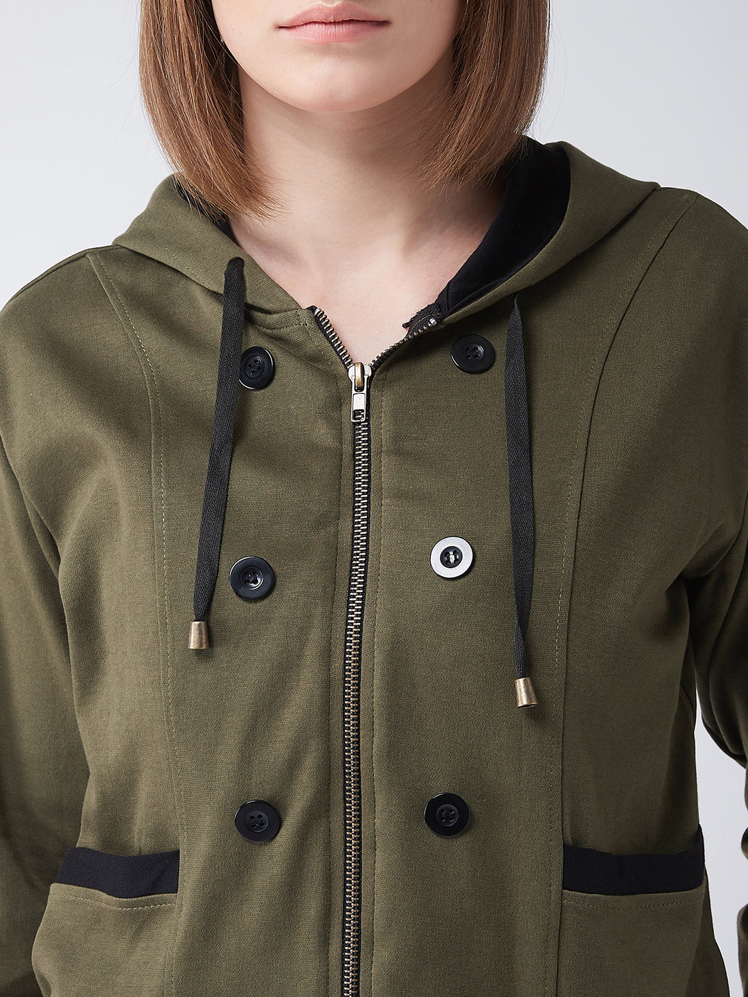 Women's Olive Green Hooded Full Sleeves Solid Drawstring and Eyelet Detailing Regular Length Jacket