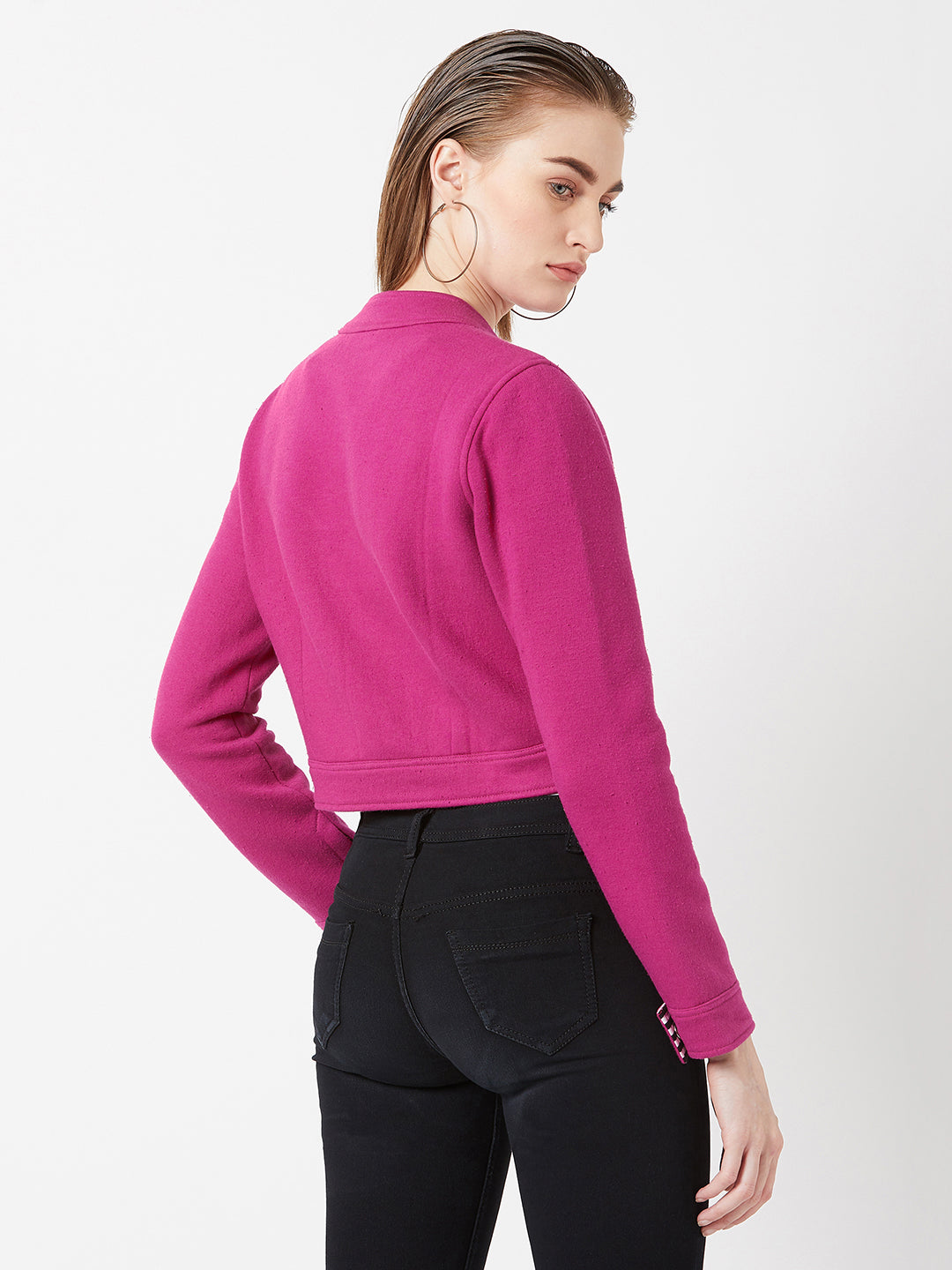 Women's Pink Round Neck Full Sleeves Solid Paneled Snap Button Detailing Cropped Jacket