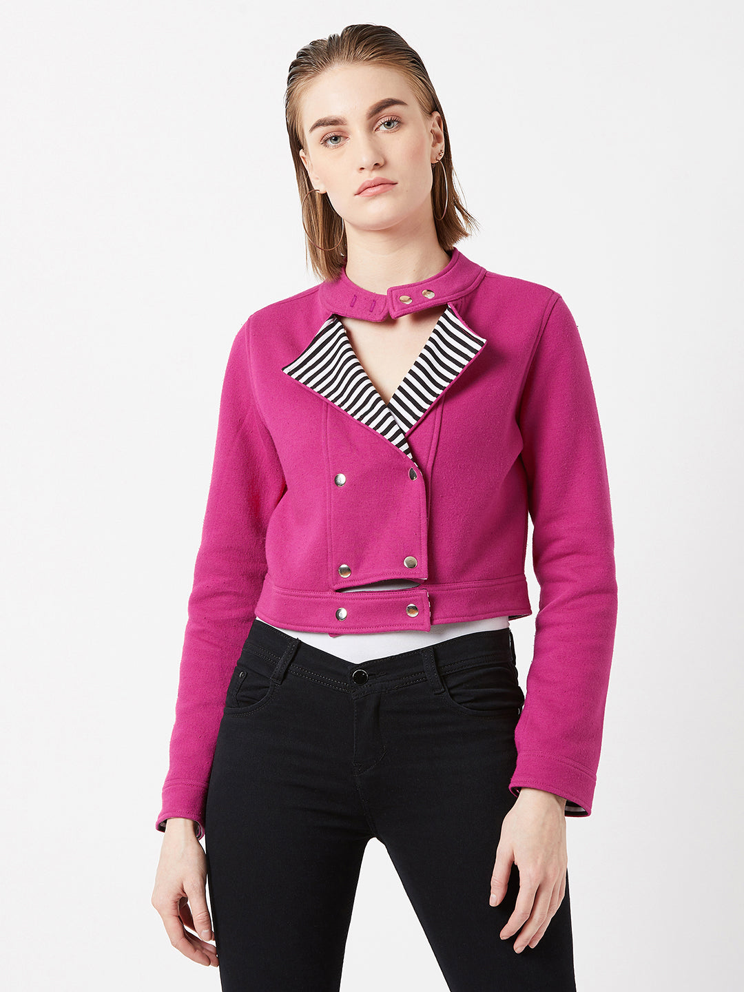 Women's Pink Round Neck Full Sleeves Solid Paneled Snap Button Detailing Cropped Jacket