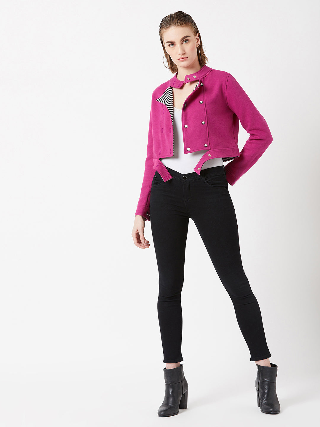 Women's Pink Round Neck Full Sleeves Solid Paneled Snap Button Detailing Cropped Jacket