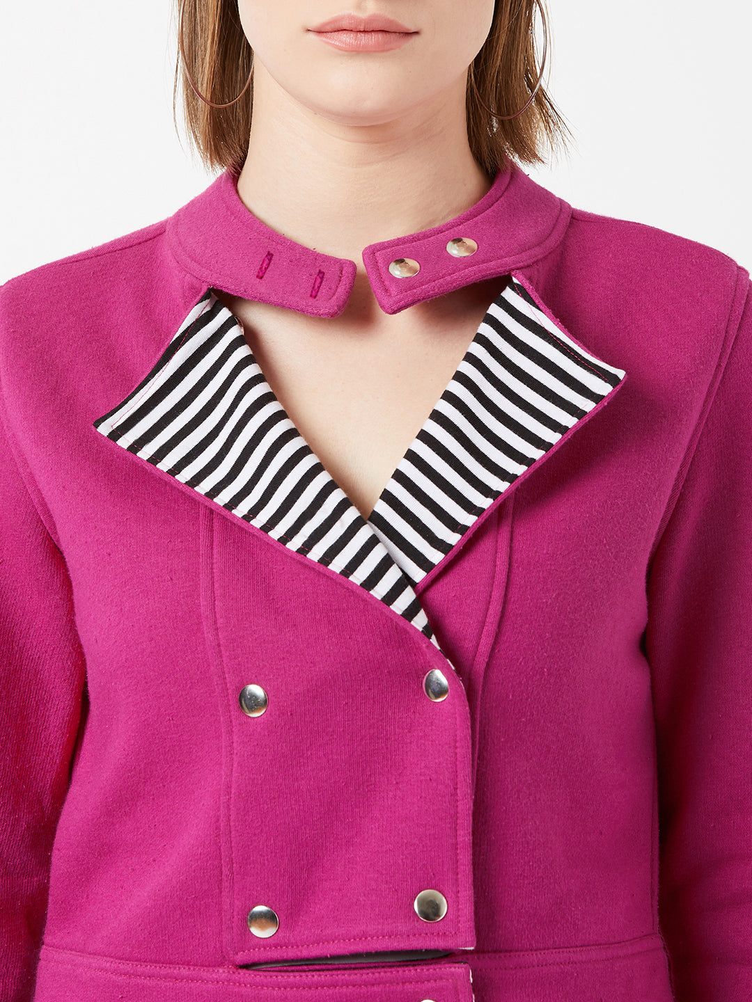 Women's Pink Round Neck Full Sleeves Solid Paneled Snap Button Detailing Cropped Jacket