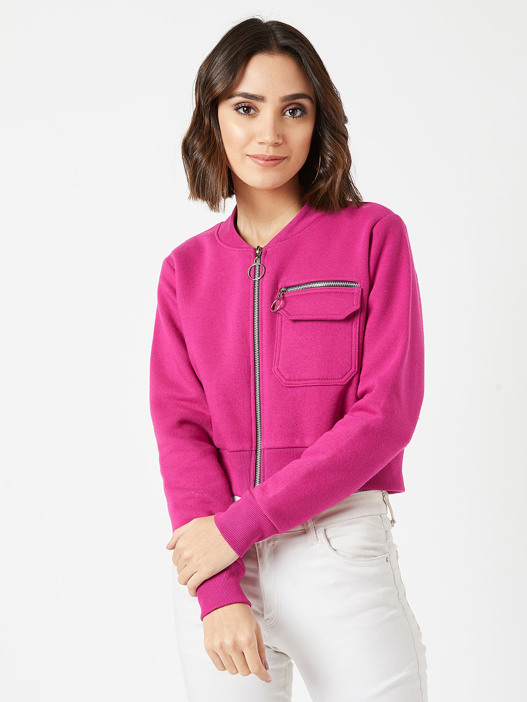 Women's Pink Stand Collar Full Sleeves Cotton Boxy/Bomber Cropped Jacket