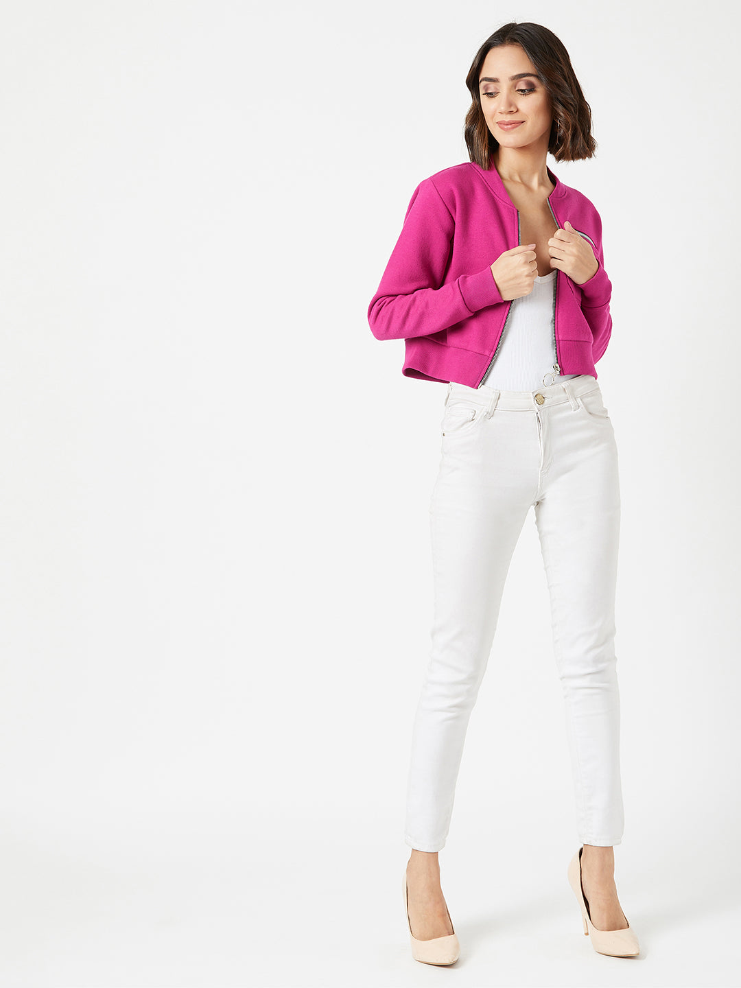 Women's Pink Stand Collar Full Sleeves Cotton Boxy/Bomber Cropped Jacket