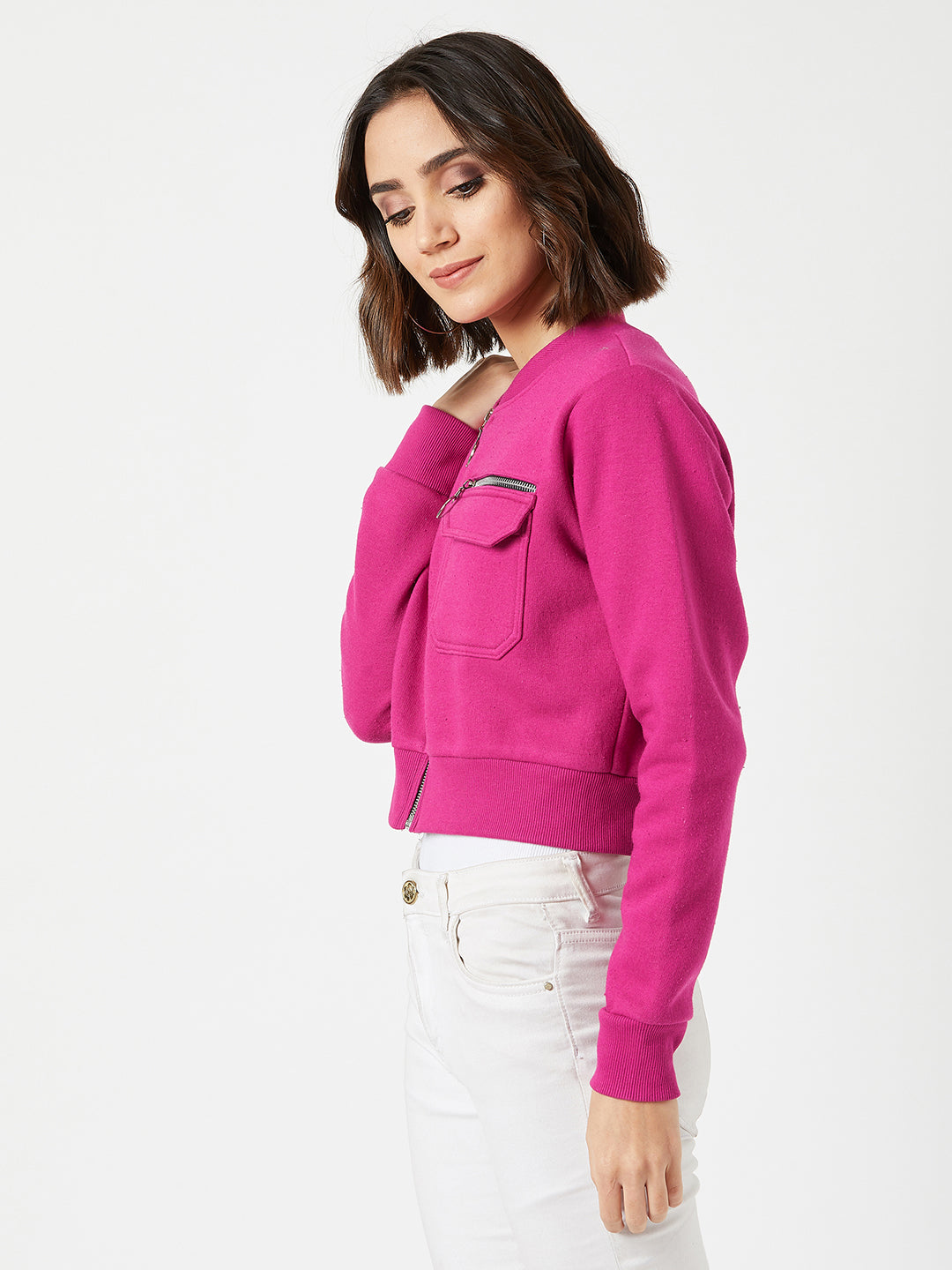 Women's Pink Stand Collar Full Sleeves Cotton Boxy/Bomber Cropped Jacket