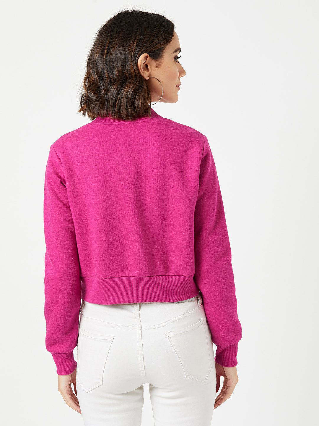 Women's Pink Stand Collar Full Sleeves Cotton Boxy/Bomber Cropped Jacket