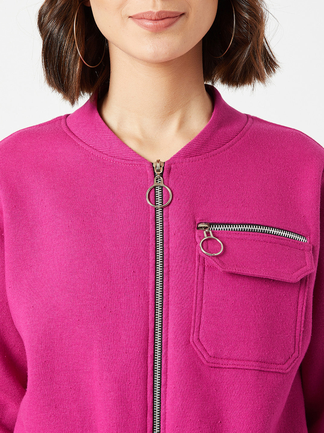 Women's Pink Stand Collar Full Sleeves Cotton Boxy/Bomber Cropped Jacket