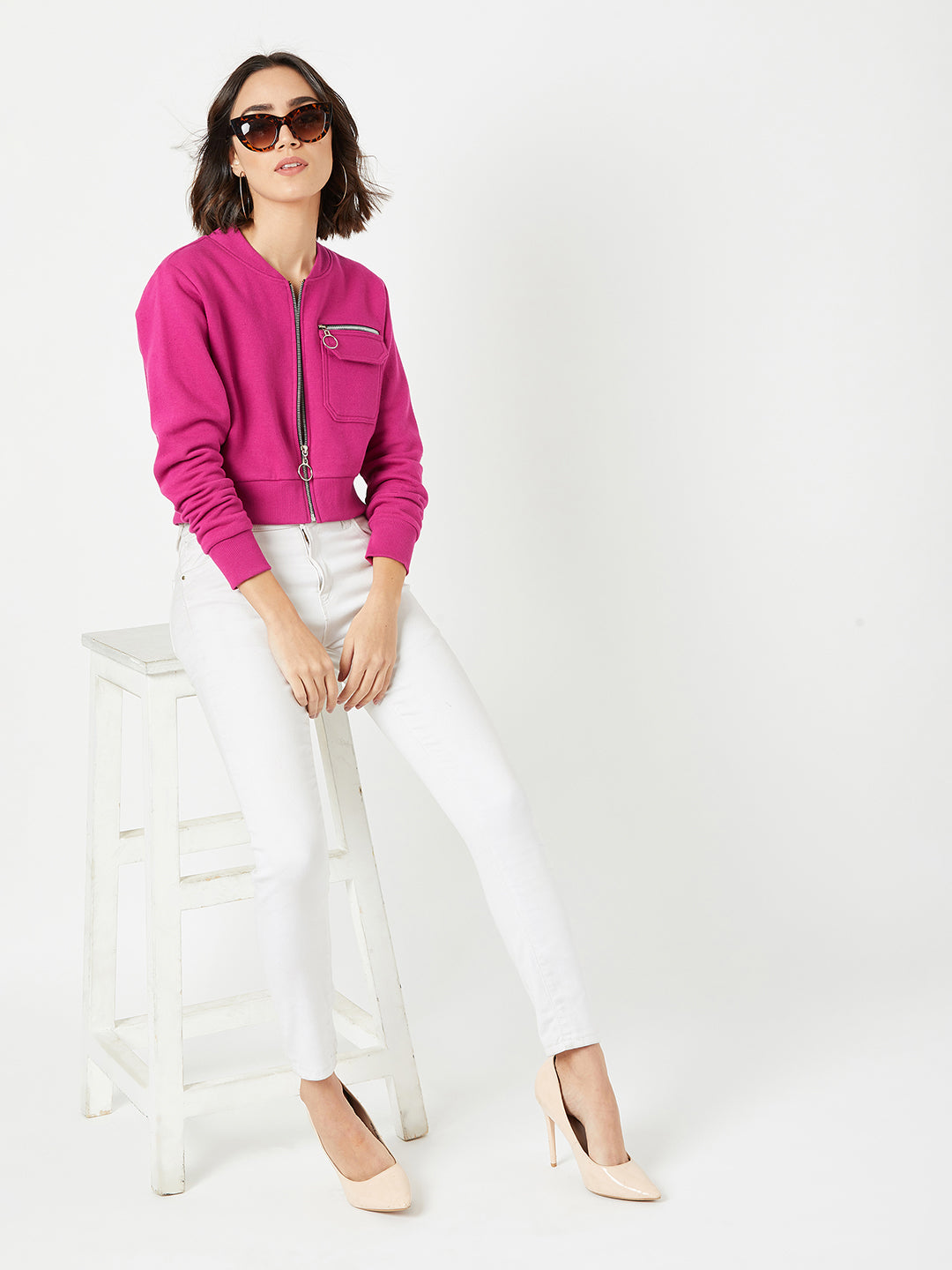 Women's Pink Stand Collar Full Sleeves Cotton Boxy/Bomber Cropped Jacket