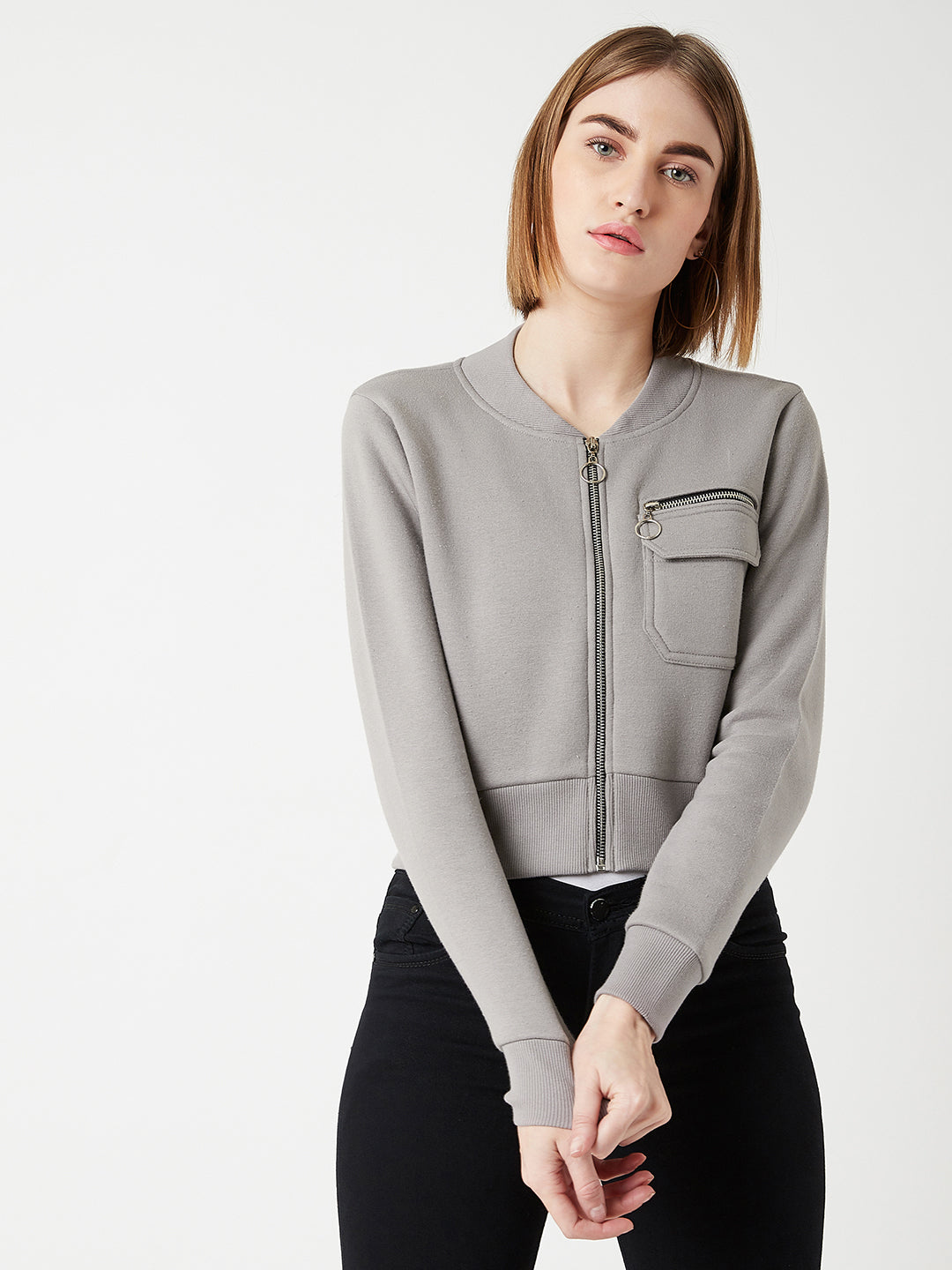 Women's Grey Stand Collar Full Sleeves Cotton Boxy/Bomber Cropped Jacket