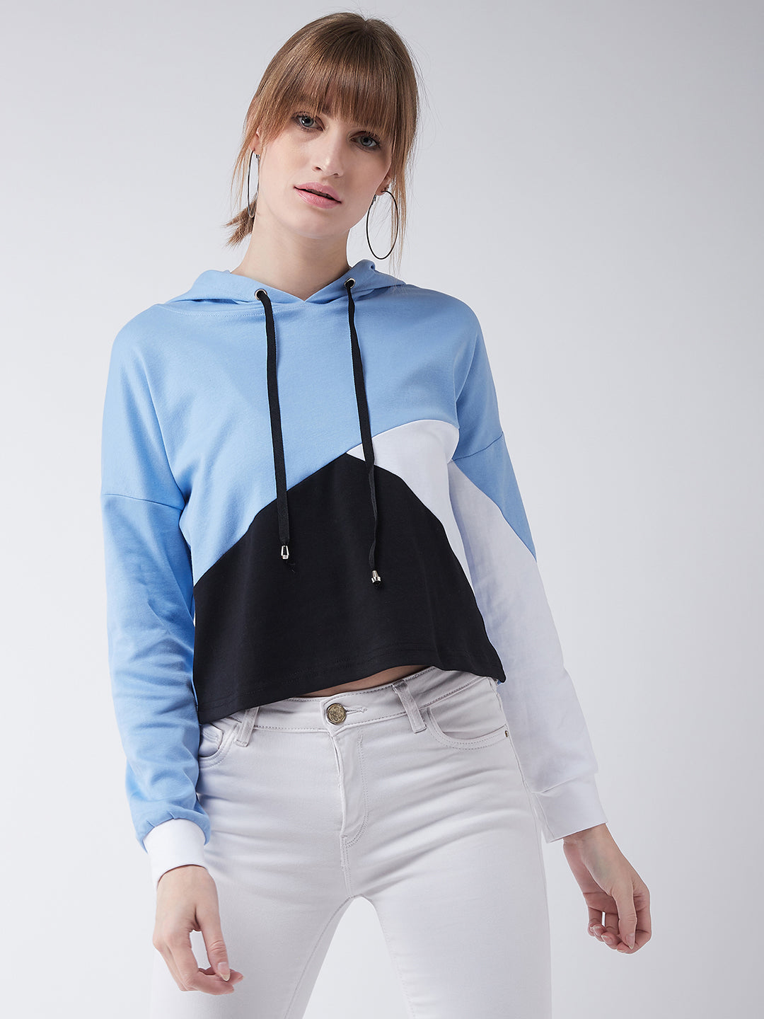 Women's Multicolor-Base Blue Hooded Full Sleeves Color-block Regular Length Sweatshirt