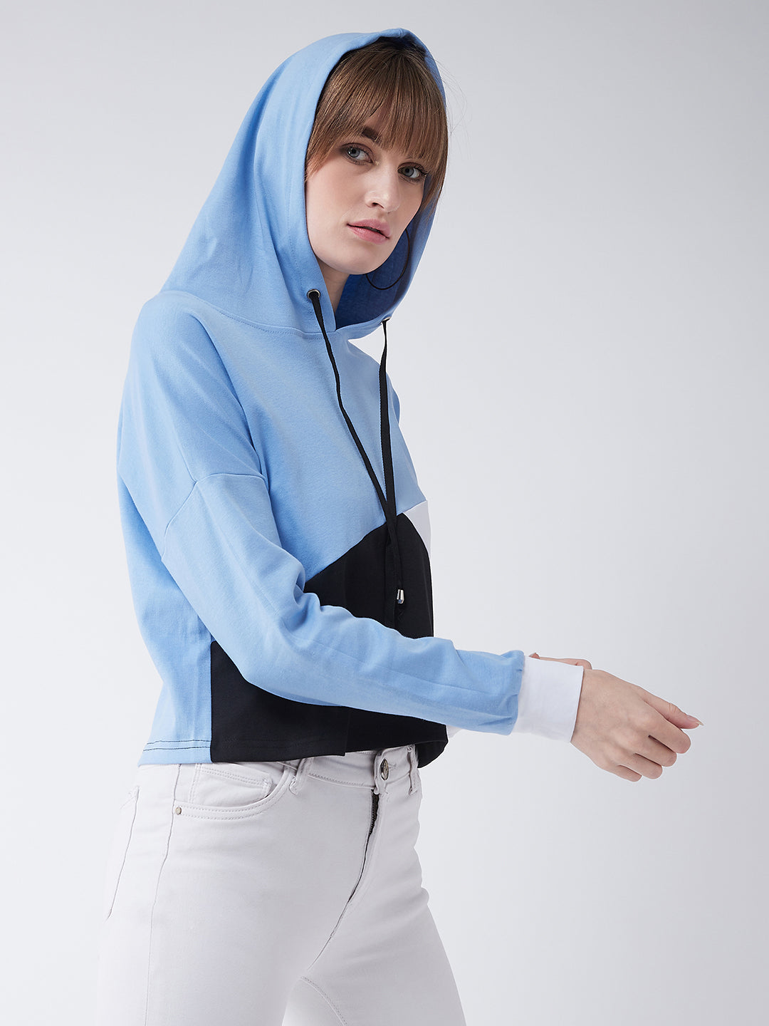 Women's Multicolor-Base Blue Hooded Full Sleeves Color-block Regular Length Sweatshirt