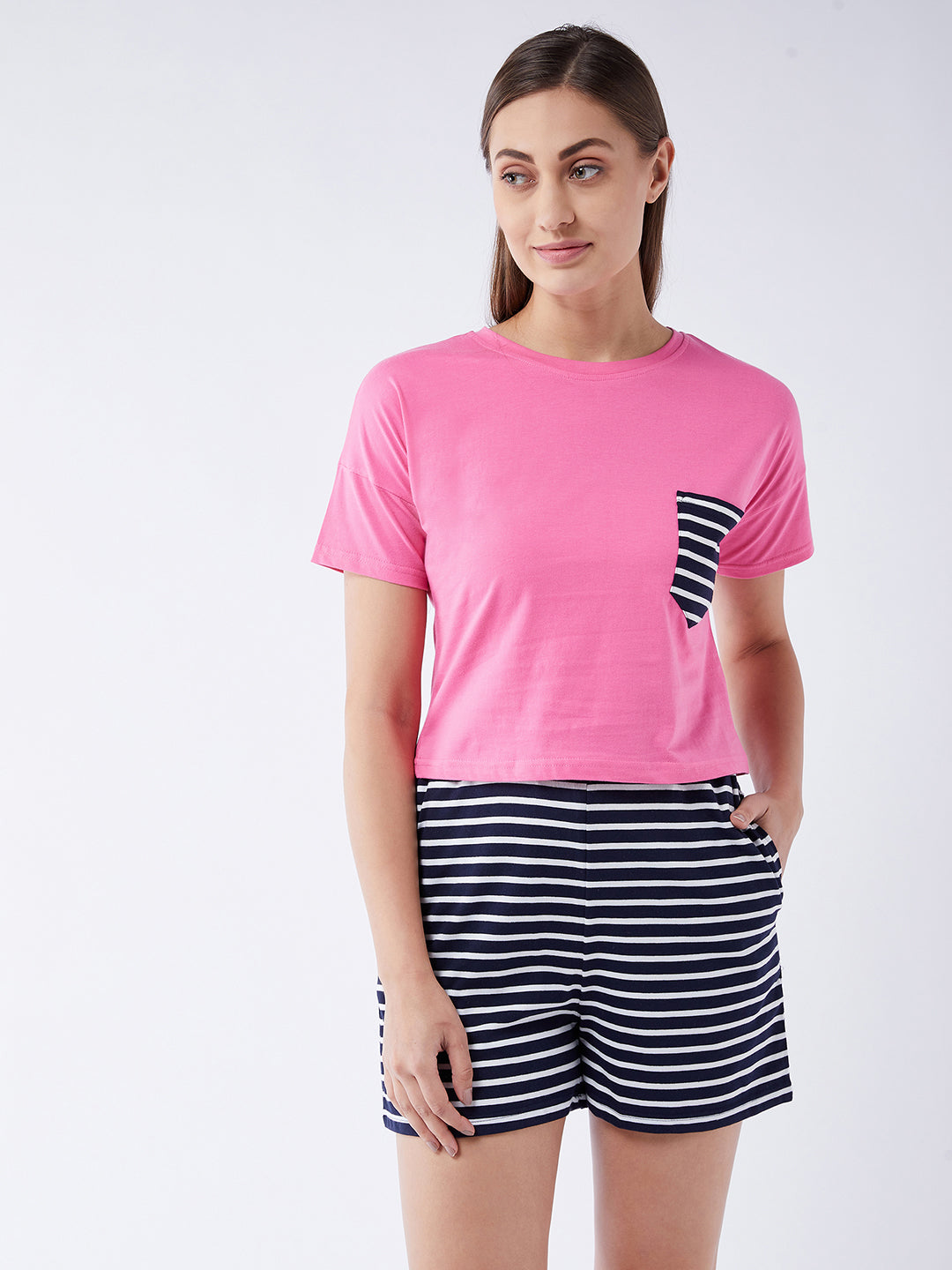 Women's Pink and white Round Neck Striped Short Sleeves Regular Length Top and Shorts Set