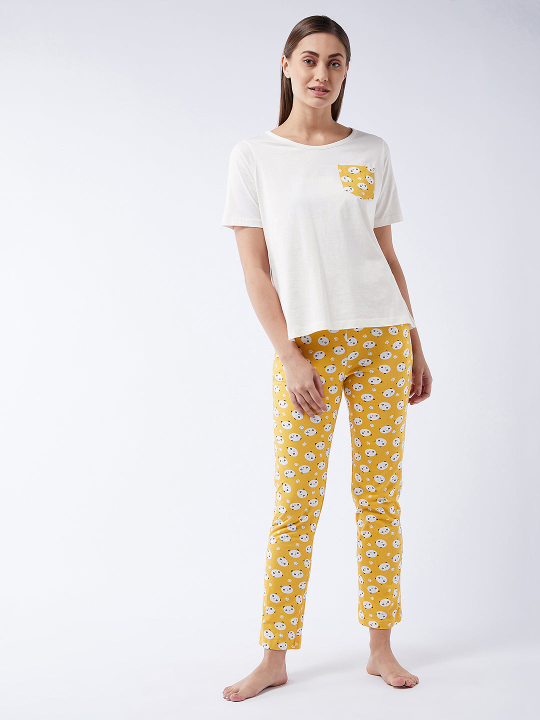 Women's White and Mustard Round Neck Short Sleeves Printed Regular length Top and Pyjama Set