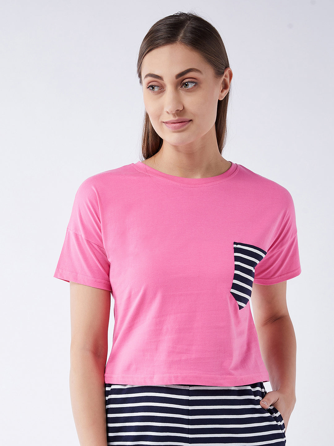 Women's Pink Round Neck Short Sleeve Solid Crop Length T-shirt